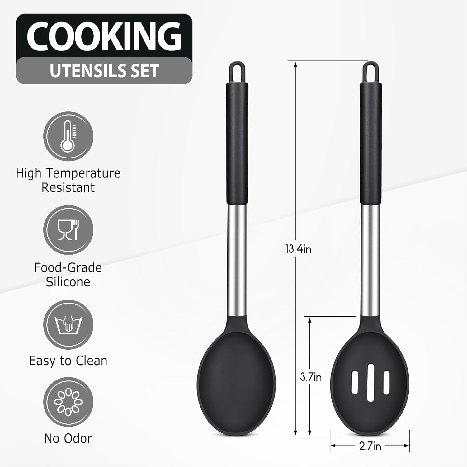 Pack of 2 Large Silicone Cooking Spoons, Non-Stick Stainless Steel Slotted and Solid Spoon Set for Serving, Mixing, Draining, Heat Resistant, Scratch Resistant and BPA Free Kitchen Scoops (Black) image number 3