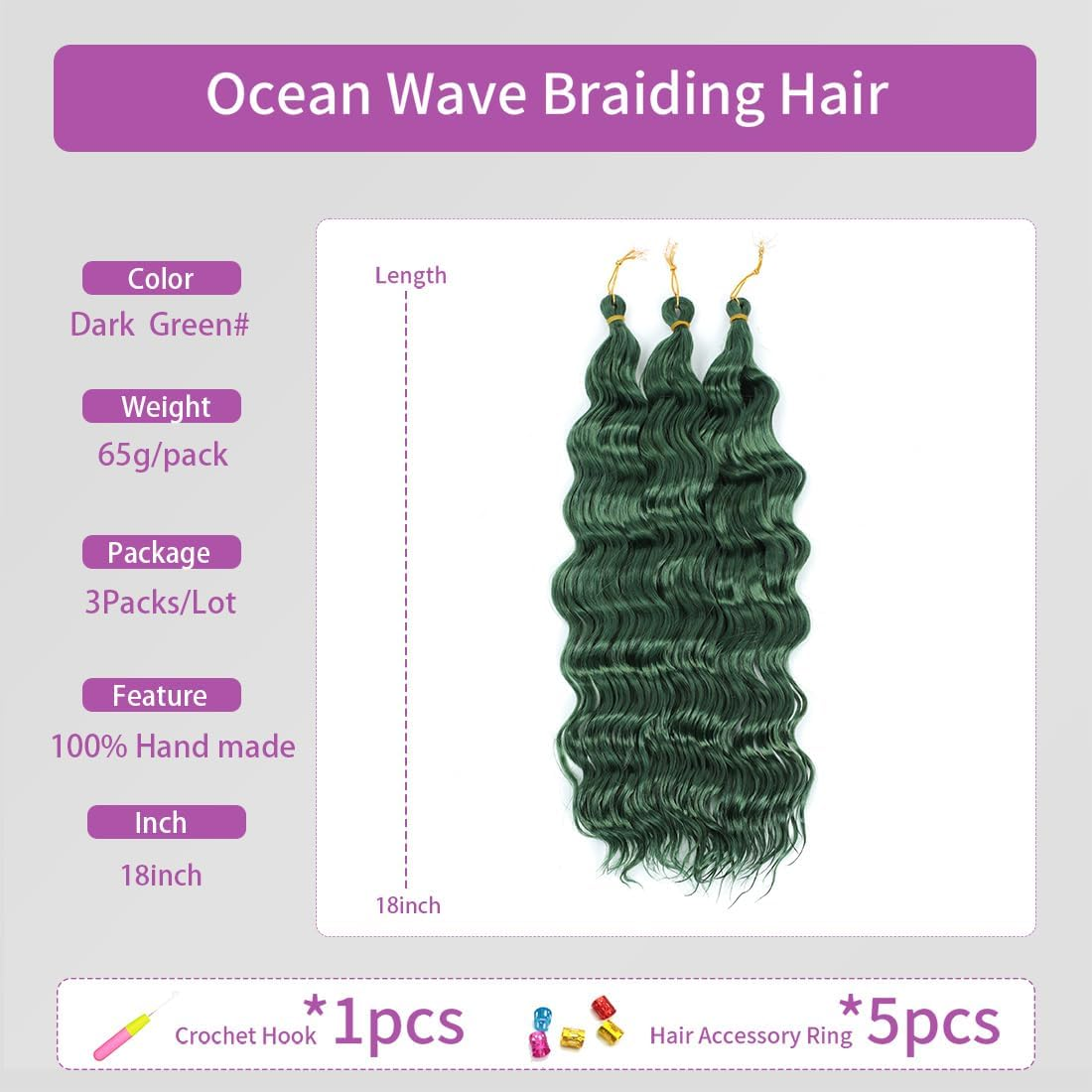 Ocean Wave Crochet Hair 18 Inch 3 Packs Deep Wave Braiding Hair Curl Crochet Synthetic Braids Hair Extension for Women (Green #, 18 Inch 3 Packs) image number 6
