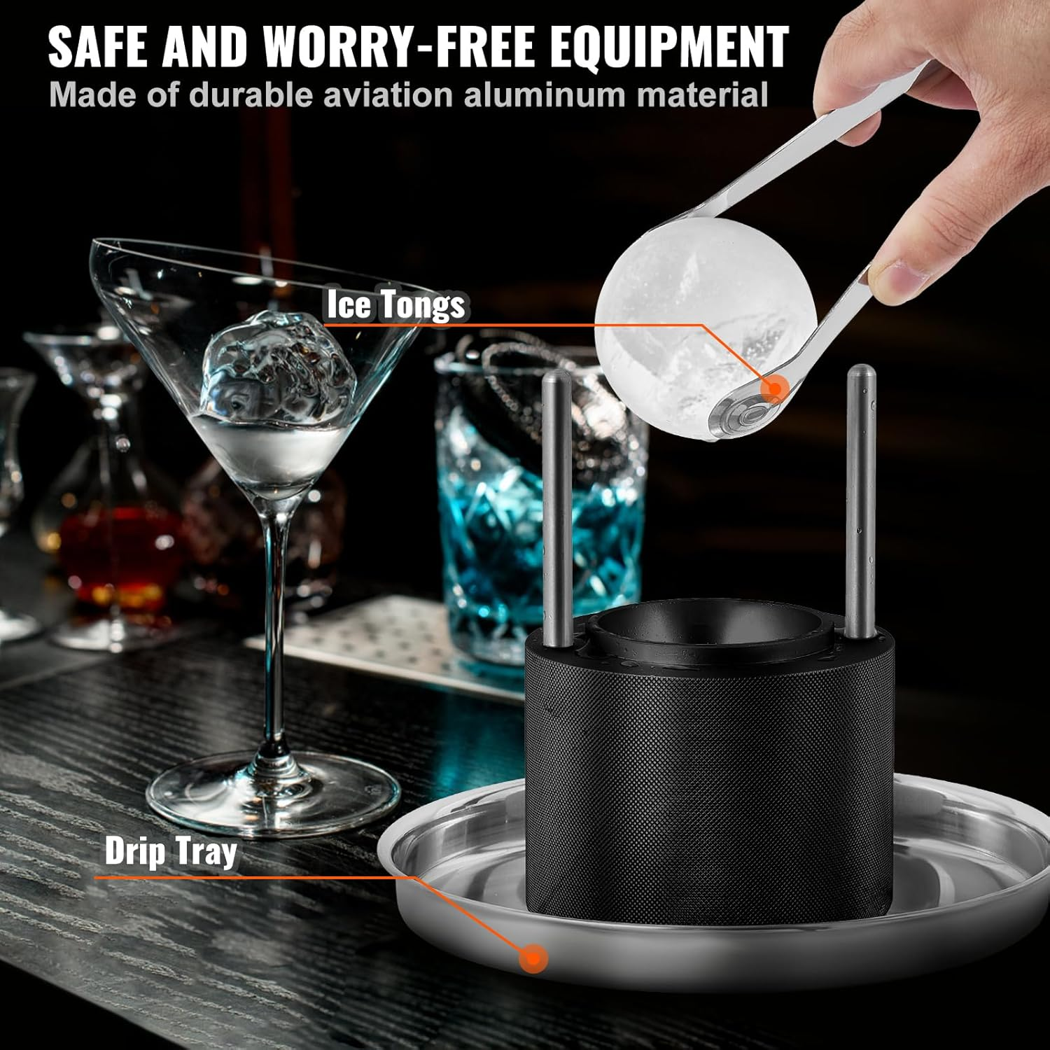 VEVOR Ice Ball Press, 6Cm Ice Ball Maker, Aircraft Al Alloy Ice Ball Press Kit for 60Mm Ice Sphere, Ice Press with Tong and Drip Tray, for Whiskey, Cocktail, Bourbon, Scot on Party & Holiday, Black