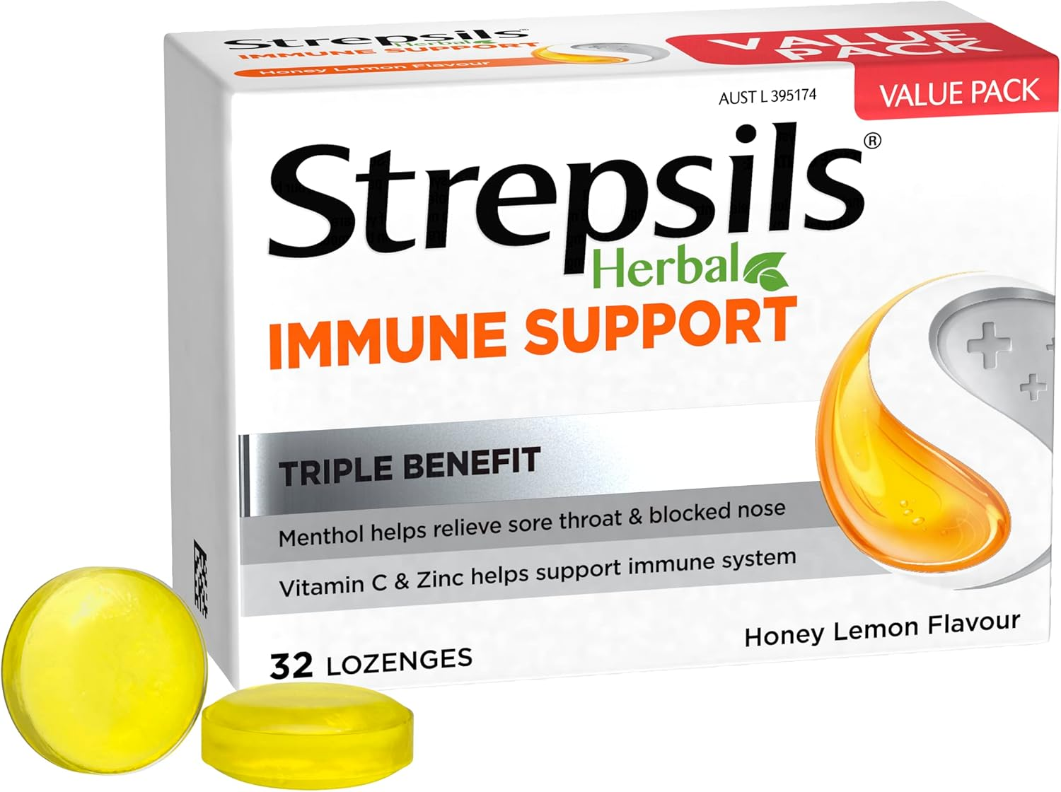Strepsils Herbal Immune Support Lozenges, Honey Lemon, 32 Pack image number 1