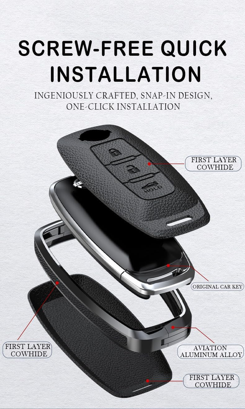 Key Fob Cover Case Metal Key Shell Full Protection Fit for Nissan Ariya Kicks X-Trail Rogue Leather Key Cover 3 Button, a Leather-Keychain-White image number 1