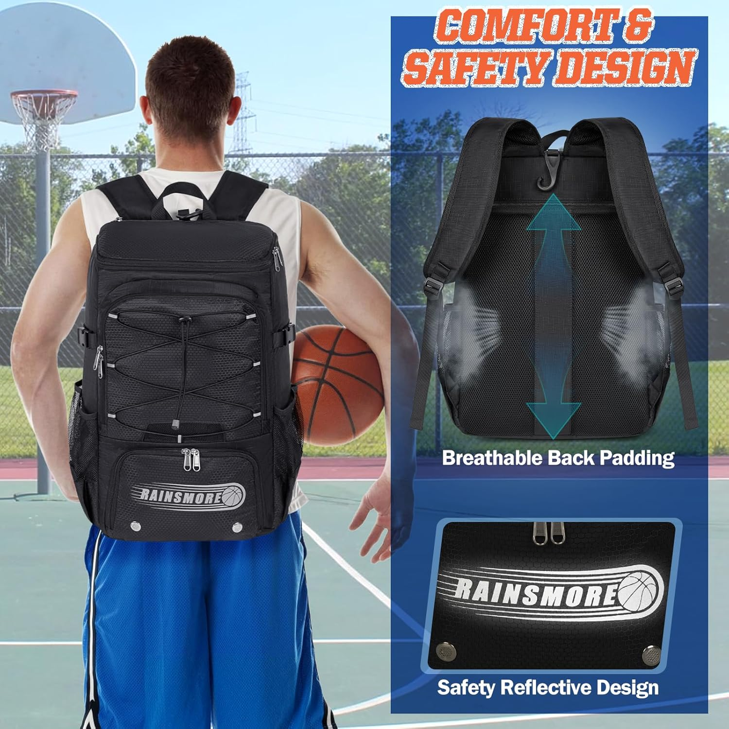 Basketball Backpack 45L Basketball Bag with Separate Ball Holder & Shoes Compartment Water Resistant Sports Bag Basketball Equipment Bags Fit Volleyball, Soccer, Swim, Gym, Travel - Gray image number 7
