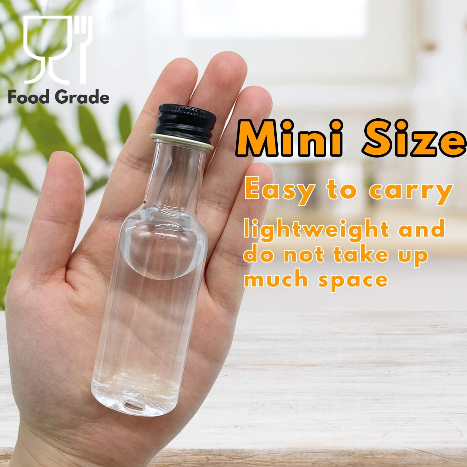 Mini Plastic Spirit Bottles, 30 Pack Airtight with Black Cap, 1.7Oz Empty with 10 Funnels, Perfect for Weddings & Parties image number 6