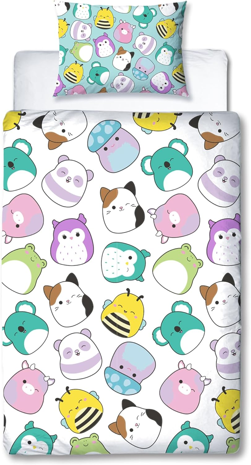 Squishmallows Official Single Duvet Cover Set, Happy Design | Reversible 2 Sided Characters Bedding Cover Including Matching Pillow Case, Multicolor image number 1