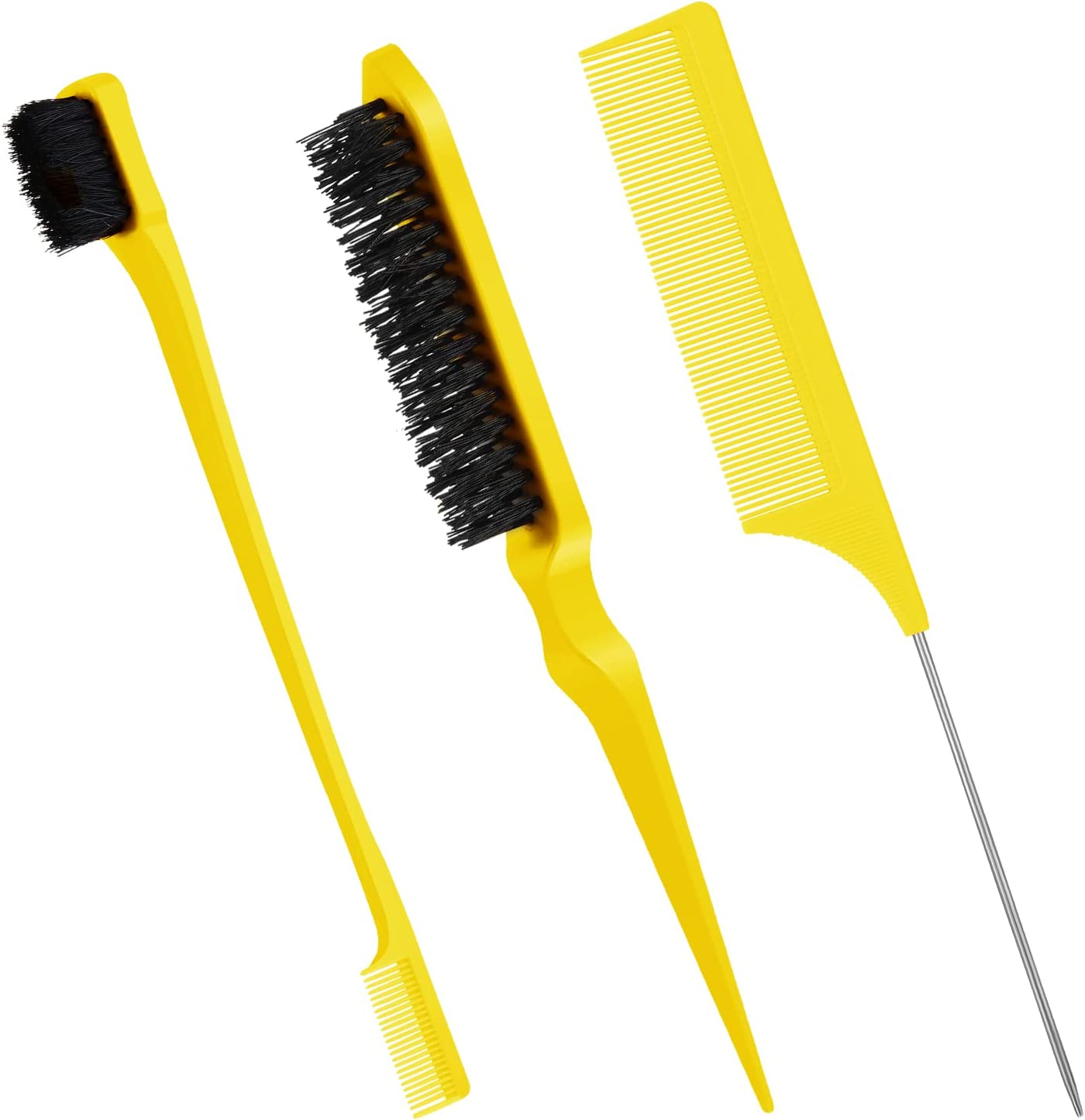 Edges Brush, Pack of 3 Sleek Bun Brush for Sleek Braid, Witbicg Teasing Brush Hair Brush Bristle Comb Baby Hair Brush Touping Brush Baby Hair Suitable for Hairdresser Lady Baby Child (Yellow) - Pink image number 5