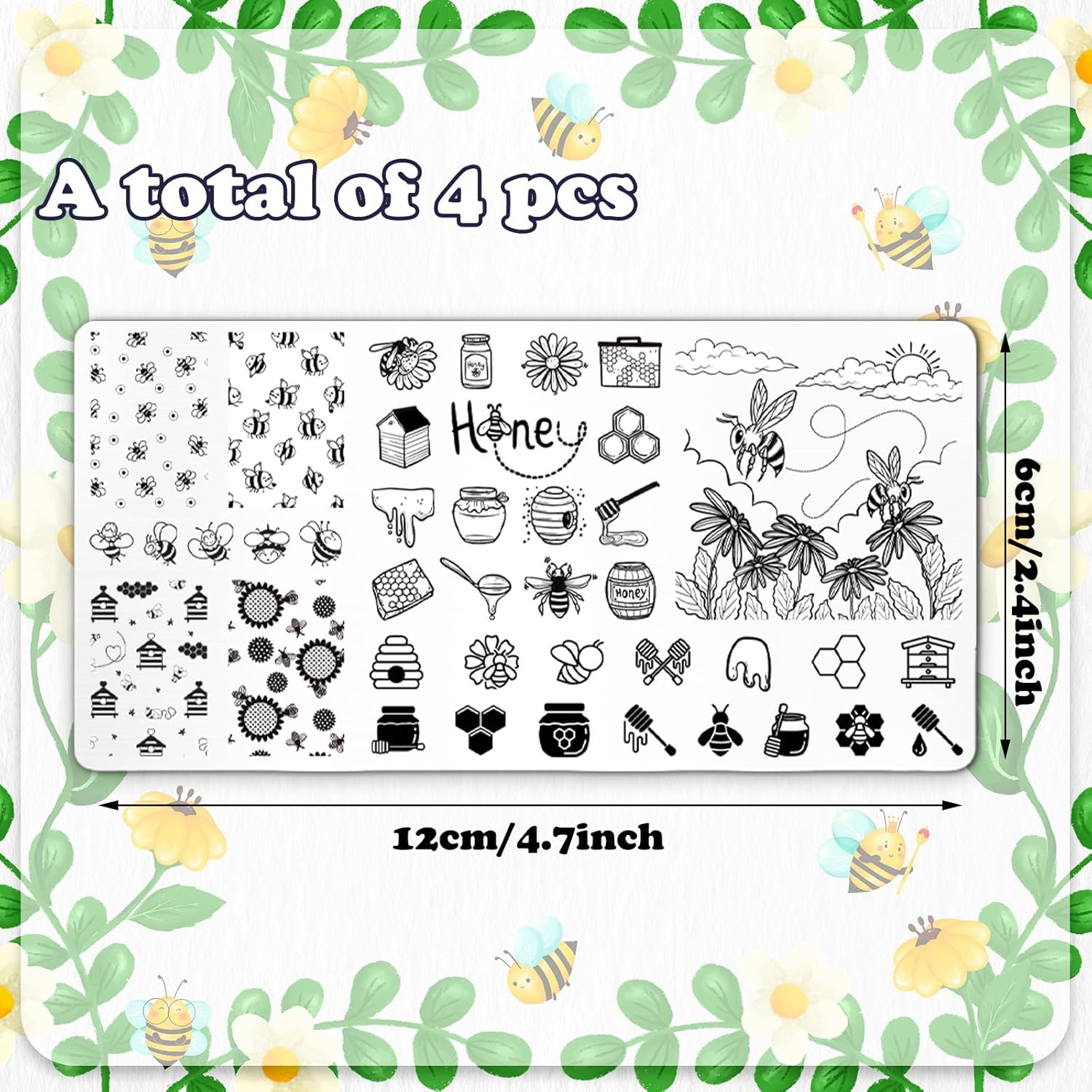 Jarthenaamcs 4Pcs Bee Nail Plates Stamping Set Honeycomb Floral Stamp Templates Nail Art Plates for Spring Summer DIY Print Manicure Salon Design image number 5