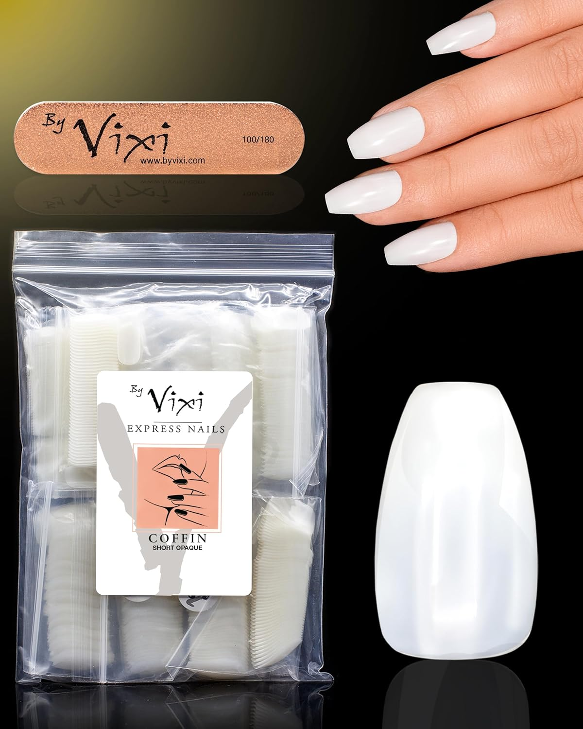 By Vixi 500 LONG COFFIN/BALLERINA NAIL SET with PREP FILE, 10 Sizes - Opaque Express Full Cover False Fingernail Extensions for Salon Professionals & Home Use