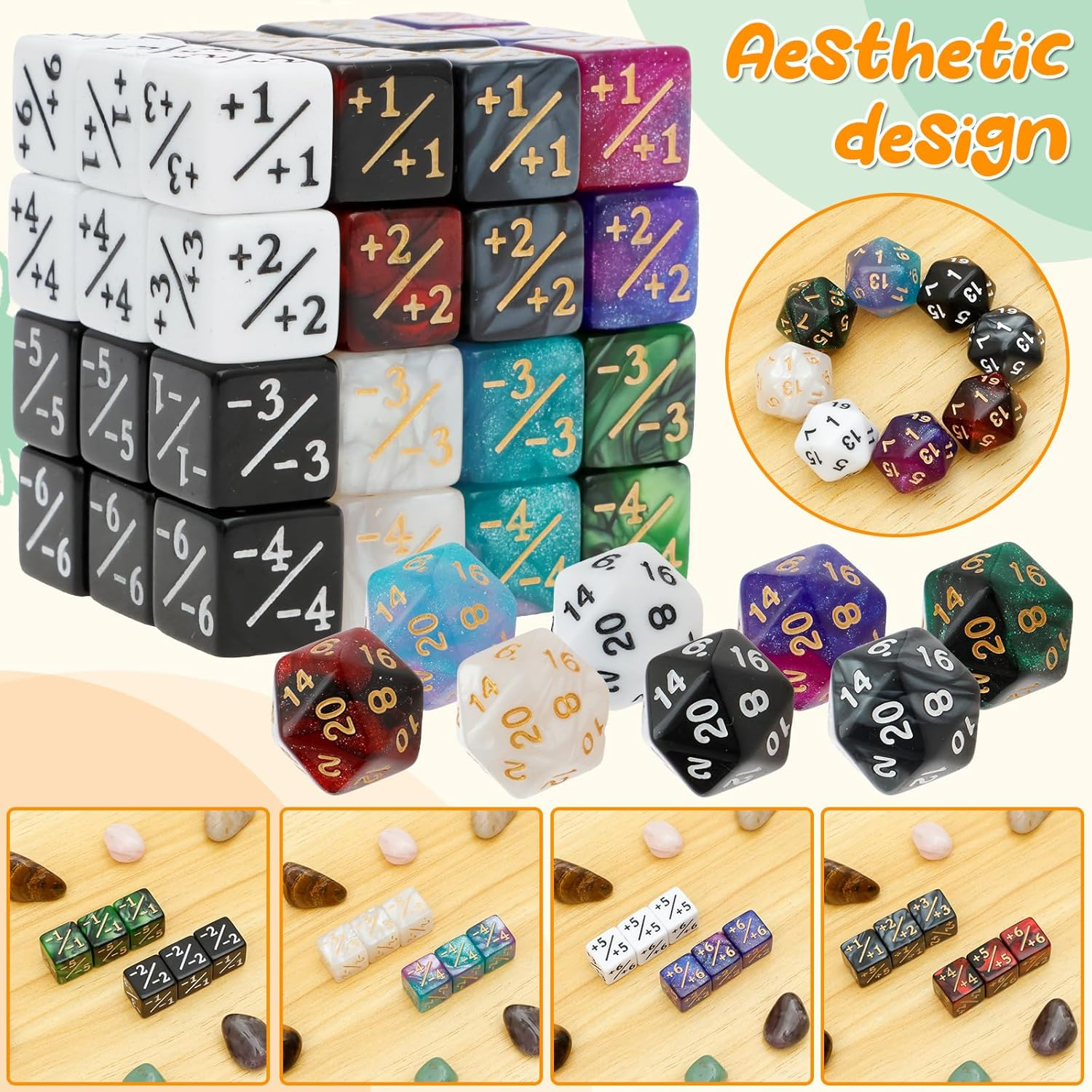 UKQRRTC 56 Pcs Counter Dice Set, Acrylic Magic the Gathering Dice Set, Portable MTG Counter for Home Outdoor Party image number 6