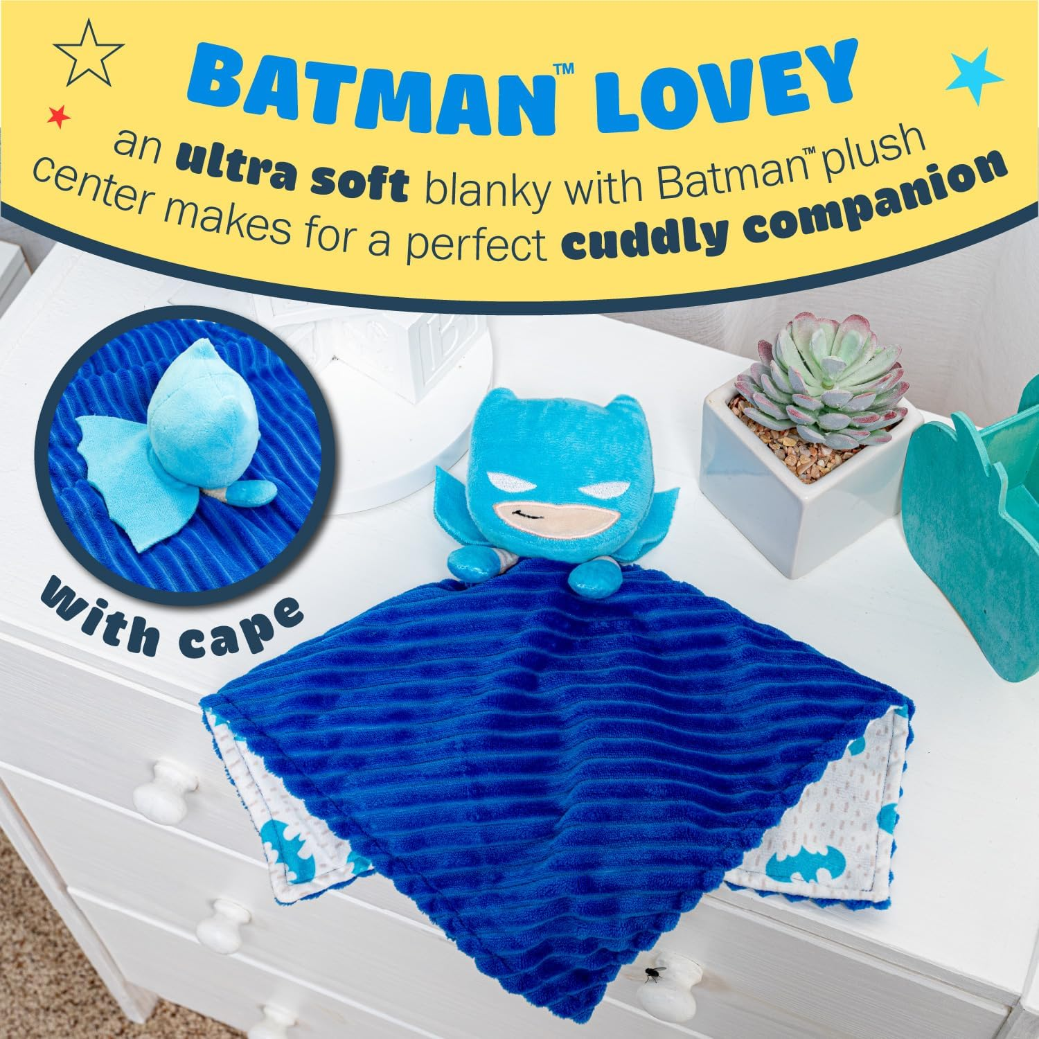 KIDS PREFERRED DC Comics the Batman Lovey Security Blanket, Soft Huggable Dark Knight Plush Lovey Toy for Baby and Infant Boys and Girls, Textured Blanket with Batman Logo image number 1