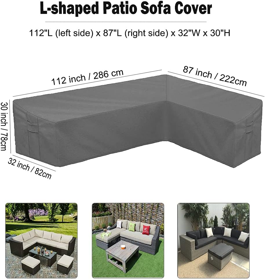 Patio Sofa Cover L-Shaped Sectional Furniture Cover Heavy Duty Outdoor Furniture Set Covers Waterproof Lawn Garden Couch Protector with Buckle Strap & Side Handle - Grey (L Shape 112X87 Inch) image number 3