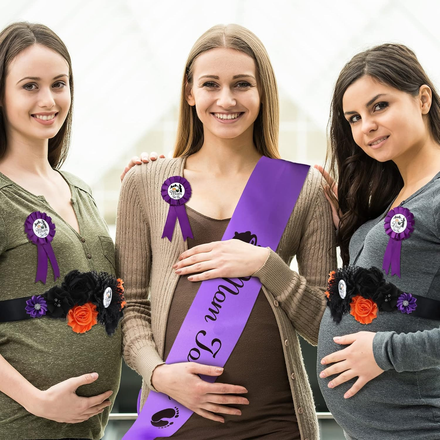 4 Pcs Halloween Pumpkin Maternity Sash Set Happy Fall Theme Mom to Be Dad to Be Corsage Pins Baby Shower Maternity Sash Belt Pregnancy Sash Keepsake for Autumn Gender Reveal (Cute Style) image number 1