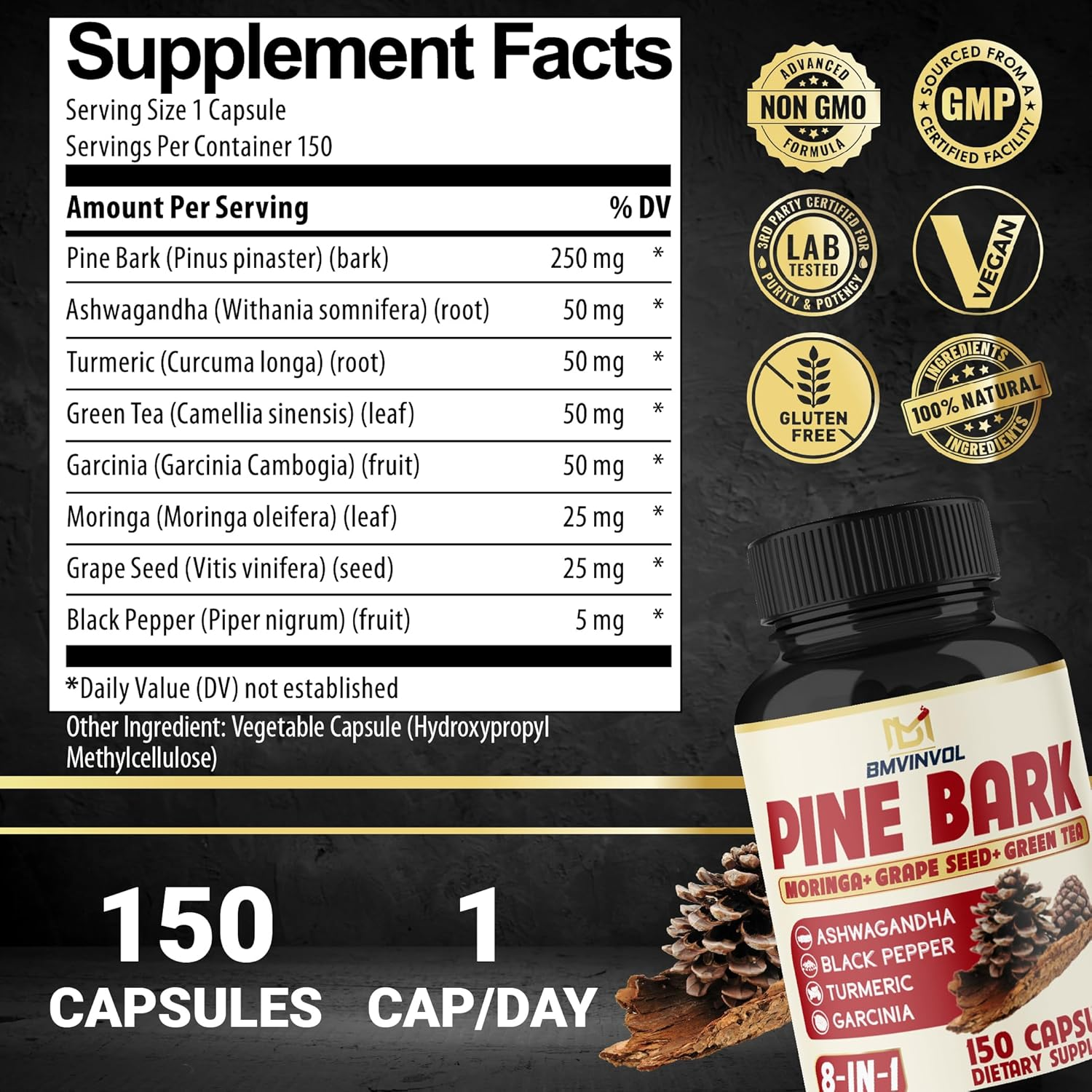 Pine Bark Capsules with Ashwagandha, Turmeric, Green Tea, Garcinia Cambogia, Moringa, Grape Seed, and Black Pepper - 150 Count - 5 Month Supply image number 6