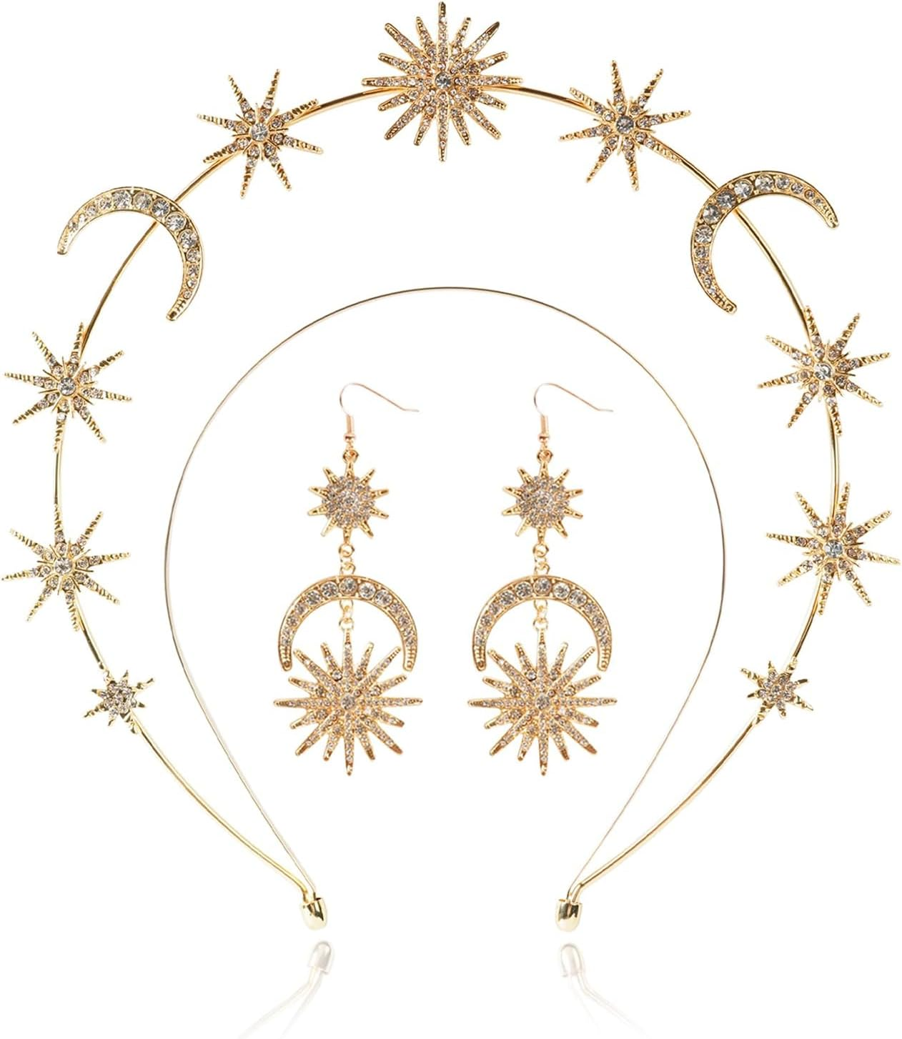 Moguri&reg; Halo Crown, Stars Crystal Goddess Headband with Earrings, Metal Halo Headpiece, Celestial Crown, Tiaras for Women, Bridal, Wedding, Costume, Cosplay, Party, Goddess Accessories image number 3