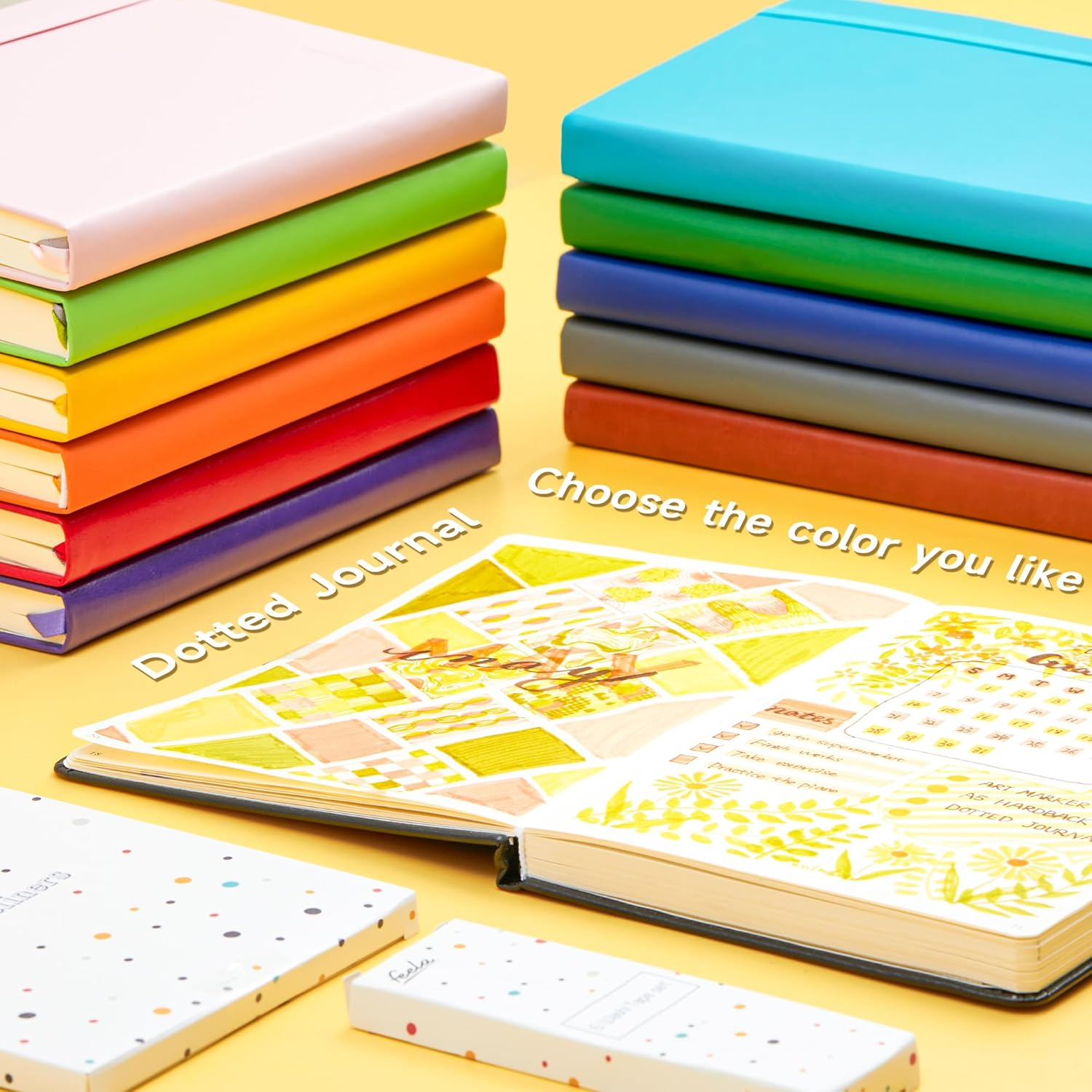 Feela Dotted Journal Kit, Dot Grid Hardcover Journal Notebook Set with Fineliners Stencils Stickers Washi Tapes for Beginners Women Girls Journaling Note Taking Planner Making, A5, 224 Pages, Pink image number 5