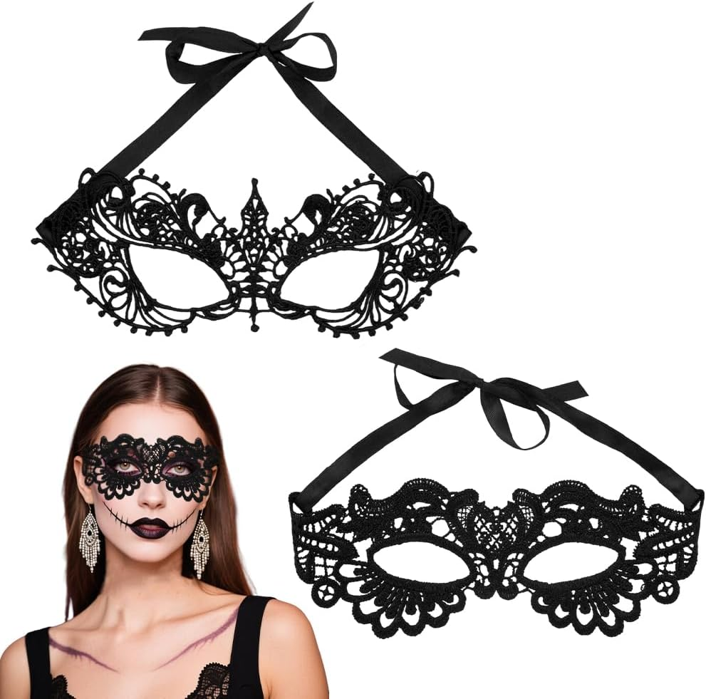 Black Lace Eye Mask Half Face Mask Women Adults Sexy Masks for Party Carnival Cosplay Halloween Accessories for Women Teen Girls Halloween Eye Face Masks 2Pcs image number 5