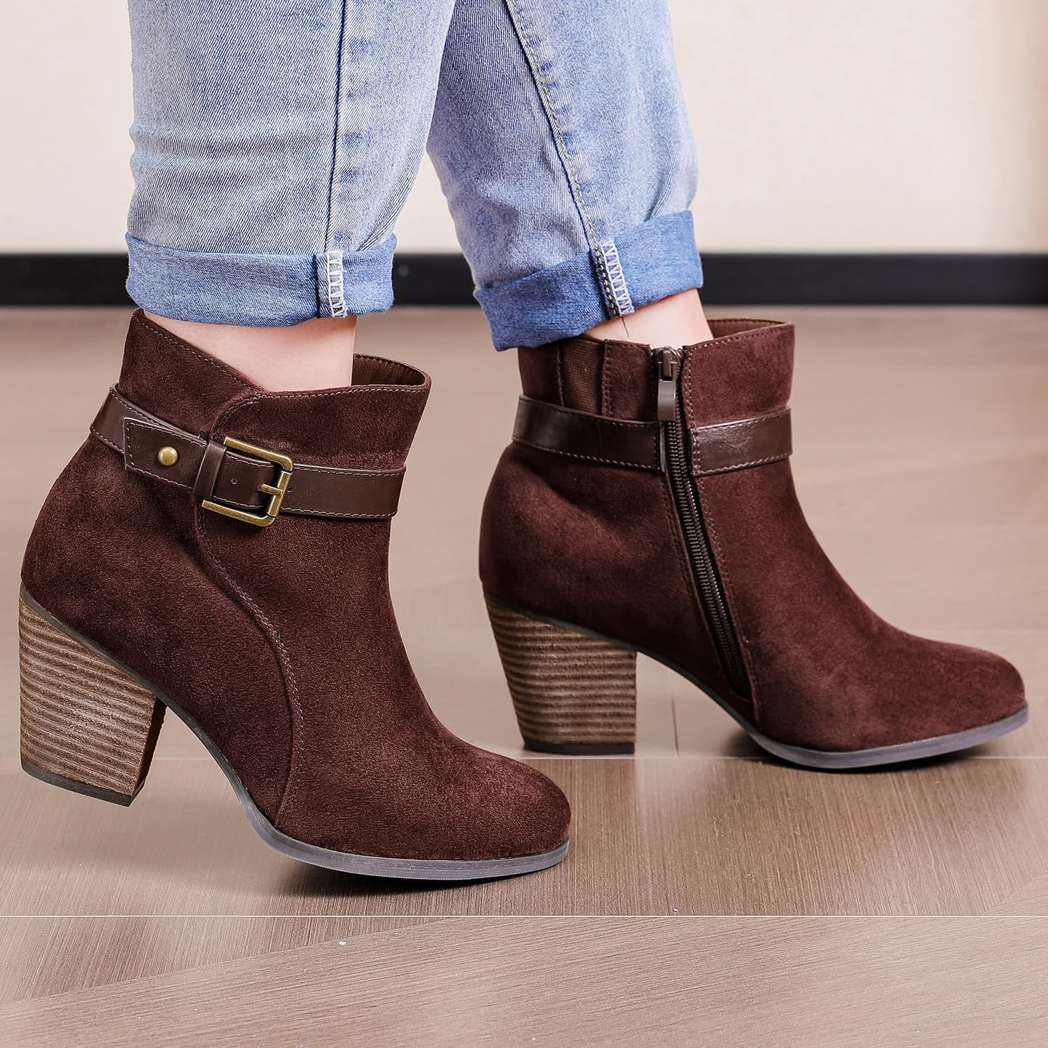 Luoika Women'S Wide Width Ankle Boots, Extra Wide Mid Heel Side Zipper Booties. image number 3