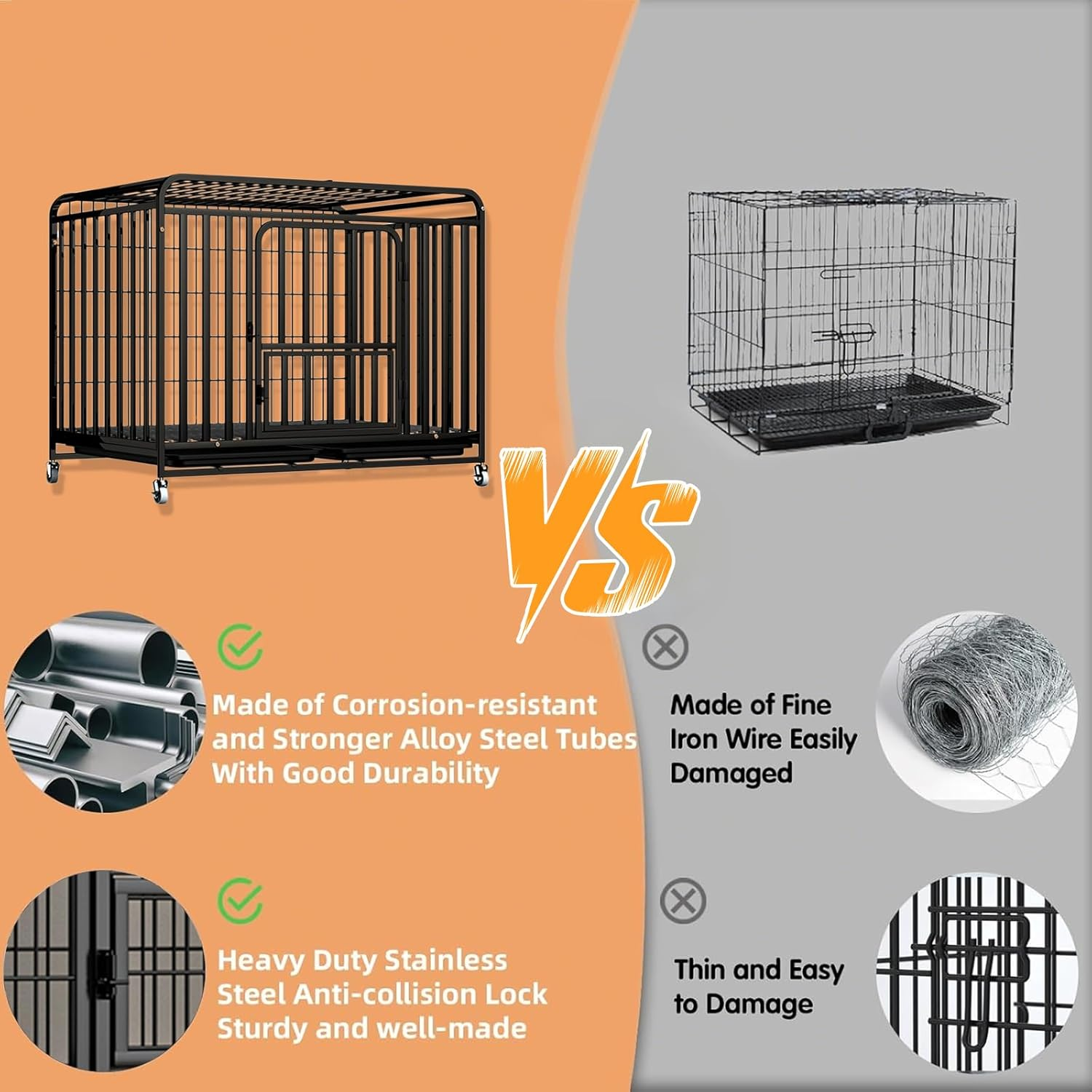 Uandhome 95Cm Heavy Duty Indestructible Dog Crate,Escape Proof Dog Cage Kennel, Extra Large Crate Indoor for Large Dog,High Anxiety Double Door,Lockable Wheels,Removable Tray image number 1