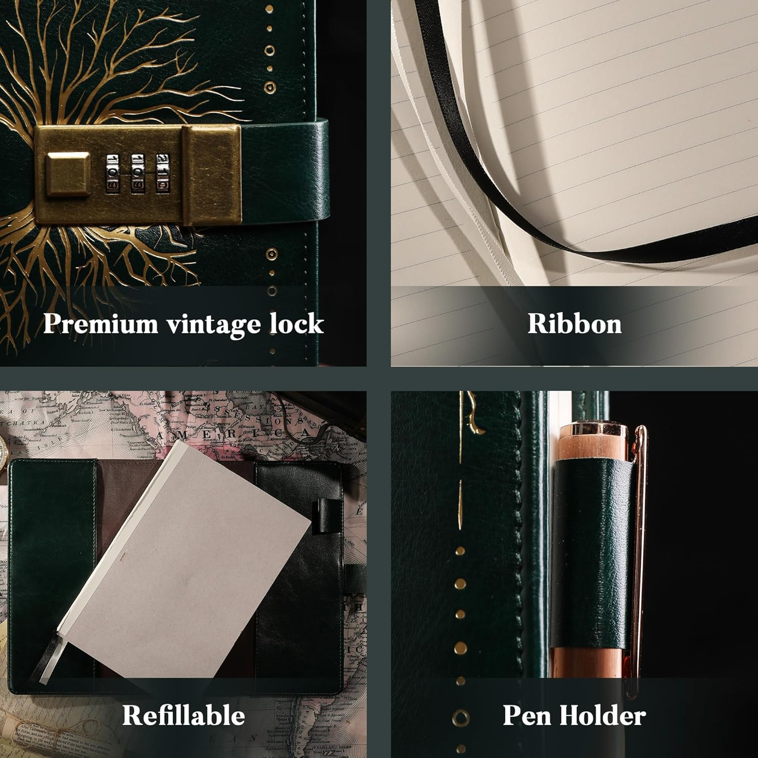 TIEFOSSI Diary with Lock, Tree of Life Vintage Journal with Lock for Women Men, A5 Refillable Notebook with Lock for Writing, 224 Numbered Pages - Green image number 4