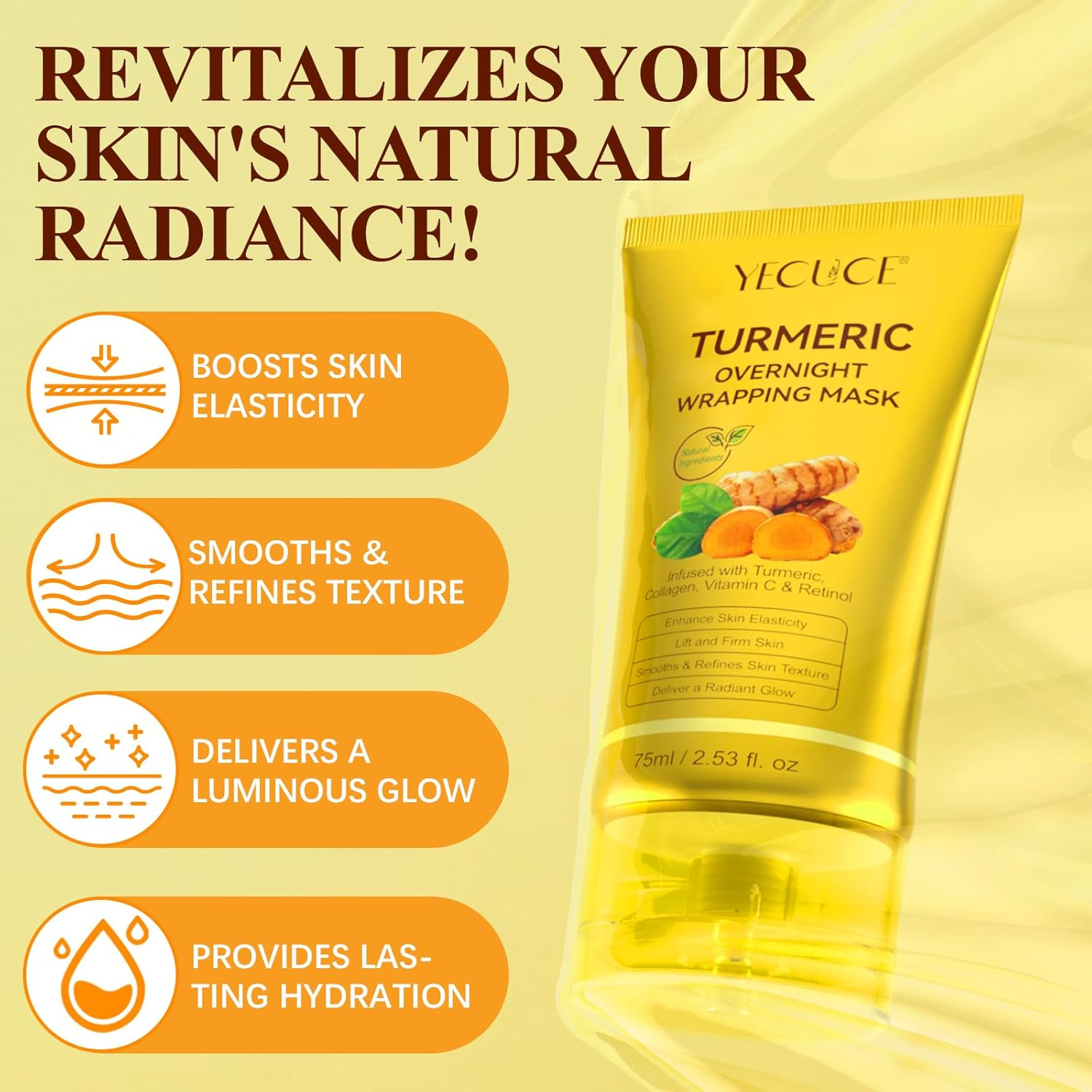 Turmeric Collagen Overnight Face Mask, Peel off Mask - Elasticity and Hydration, Reduce Sagging and Dullness for All Skin Type, 2.53 Fl. Oz image number 2