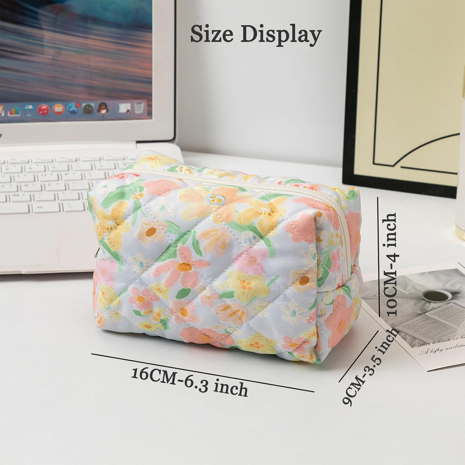 Makeup Bag Quilted Cosmetic Bag Floral Large Pouch,Coquette Toiletry Bag Travel,Large Capacity Aesthetic Makeup Bags Zipper image number 4