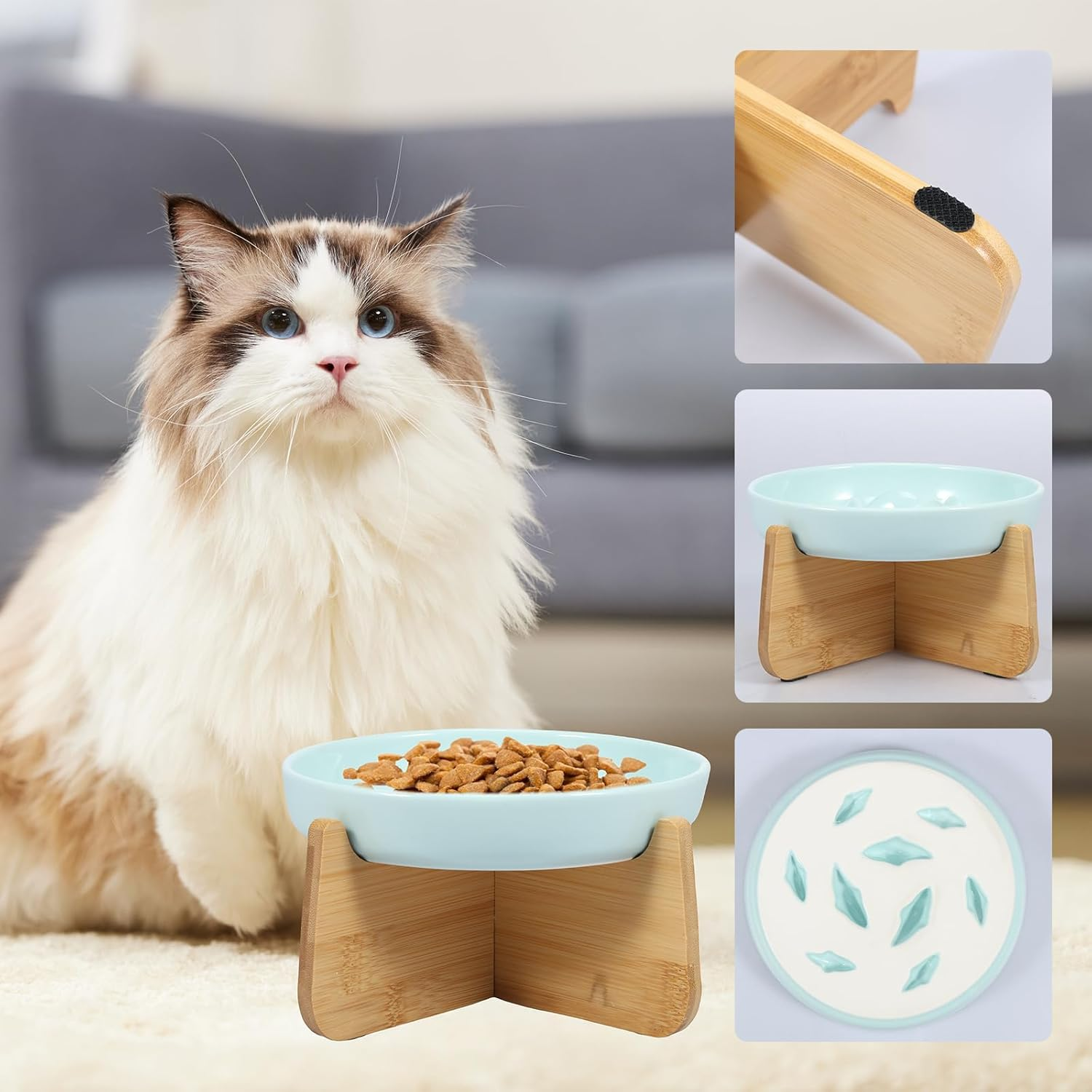 DJAPWPX Raised Cat Bowl with Wood Stand - Ceramic Elevated Cat Slow Feeder Bowl - anti Vomiting Non-Slip Slow Eating Dish Feeder (Light Green) - White image number 4