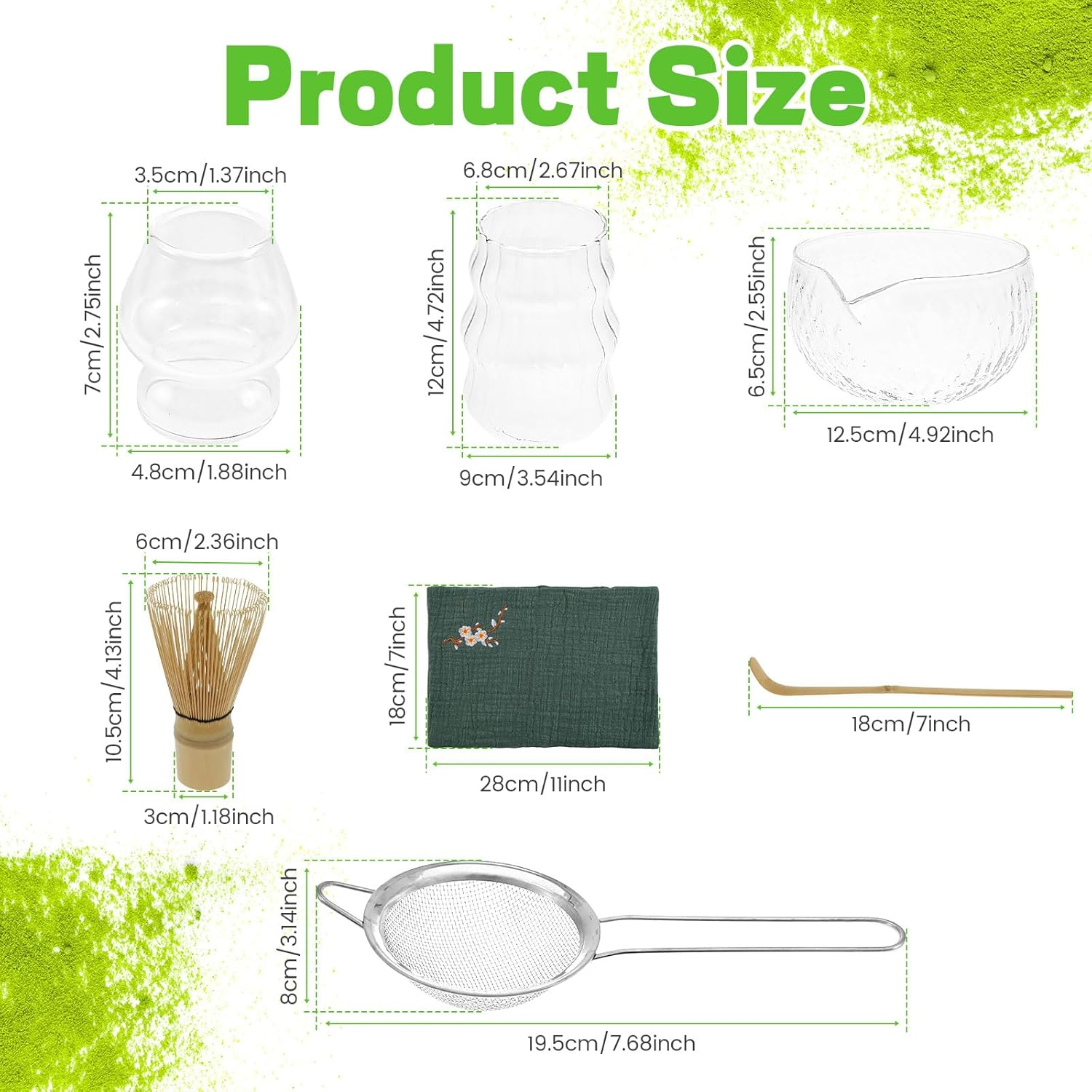 7Pcs Matcha Whisk Set, Clear Glass Japanese Matcha Tea Set Handcrafted Bamboo Matcha Whisk Set with Bowl & Cup & Whisk & Whisk Holder & Sifter for Tea Lovers image number 3