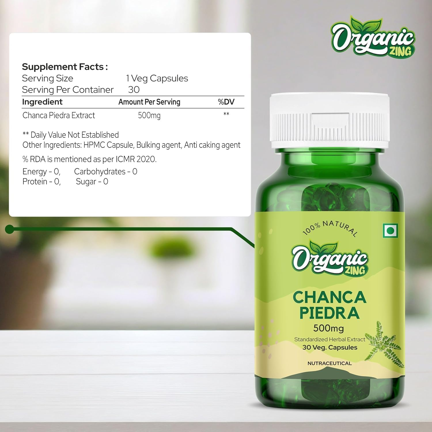 Organic Zing Chanca Piedra Capsules - 30 Capsules | Plant-Based Capsules for Everyday Use image number 1