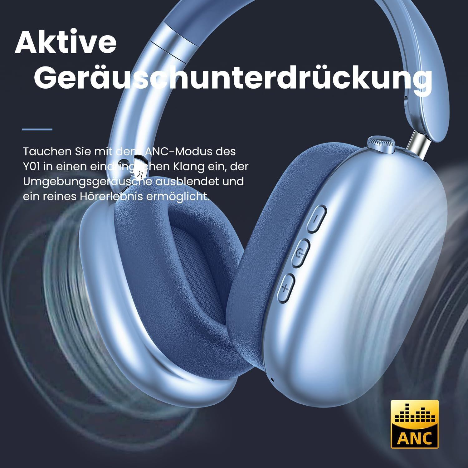 Wentronic Y01 Noise Cancelling Headphones, Wireless Over-Ear Headphones, Bluetooth 5.3, Hi-Res Sound, 48H Playback, Foldable with Microphone for Ios/Android/Pc - Blue image number 6