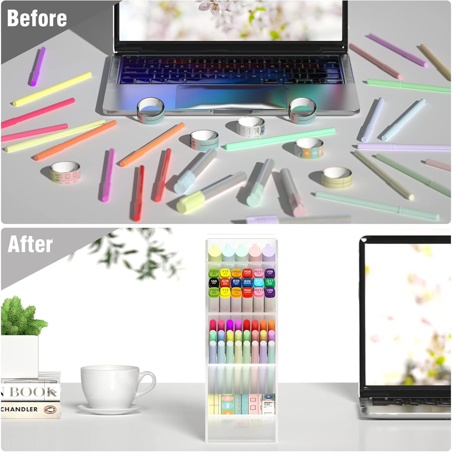 Asten Pen Holder, Pencil Holder for Desk, Pen Organizer for Office, School, Desktop, Large Capacity Pen Storage Organizer with 5 Compartment for Pens, Markers, Makeup Brush, Cosmetics (Clear, 1 Pack) - Pink image number 4