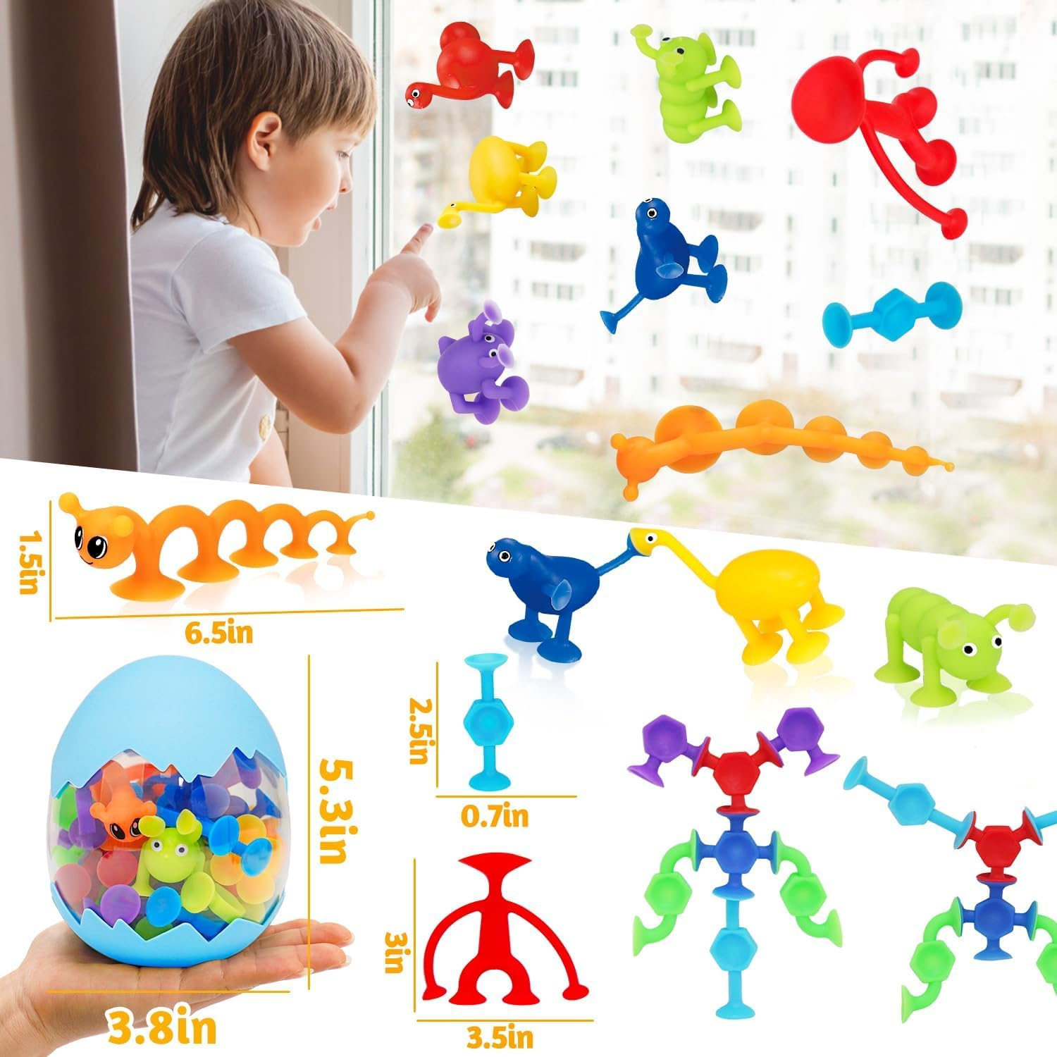 32PCS Suction Cup Toys Kids Bath Toy Party Favor Goody Prize Filler Stuffer End of Student Gift for Boy Girl Toddler Travel Toy Sensory Window Water Table Toy with Eggshell Storage