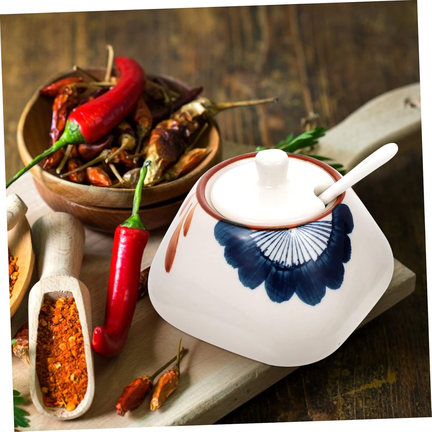 GRIRIW Ceramic Storage Jar with Spoon 300Ml Japanese Style Porcelain Sauce Canister Orchid Pattern Kitchen Condiment Container for Home Cooking