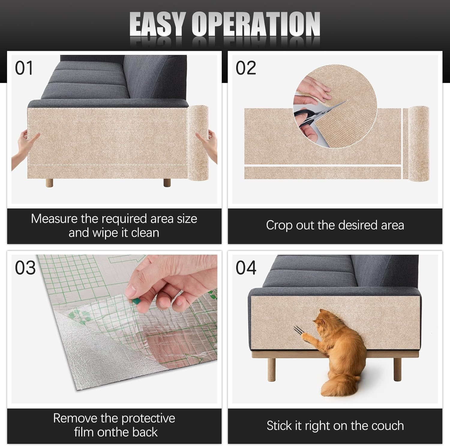 2PCS Self-Adhesive Cat Scratch Mats, Trimmable DIY Cat Scratcher Pads for Couch, 100&times;40Cm,Wall, Doors & Furniture Protection, Durable Anti-Scratch Cover for Cat Towers (Khaki) - Khaki image number 3