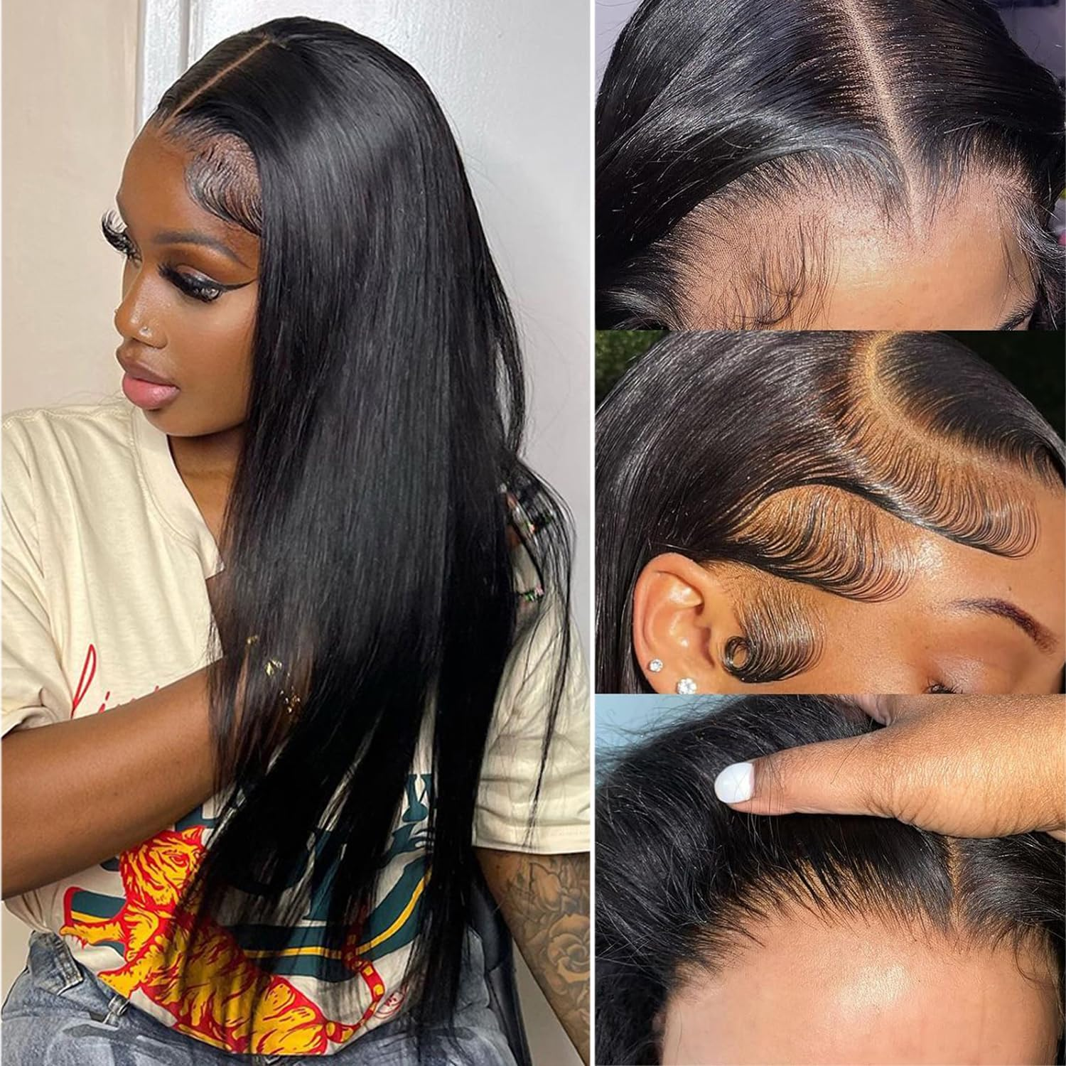 220% Density Lace Front Human Hair Wigs for Black Women, Glueless Human Hair Wigs with Natural Hairline 16 Inches image number 4