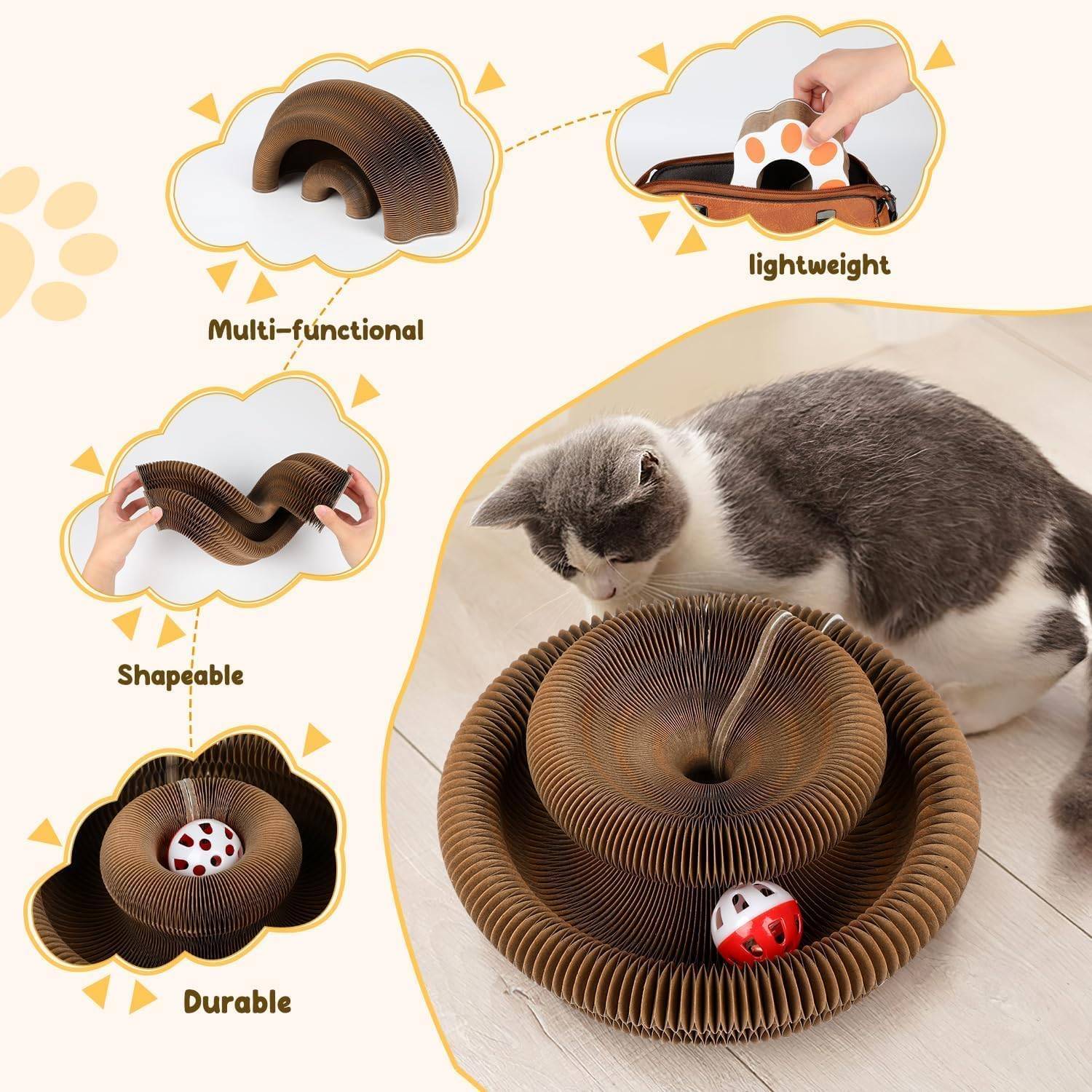 Kitty Kurlz Cat Toy, Magic Organ Cat Scratch Board, Foldable Cat Accordion Toy, Magic Cat Scratching Board, Interactive Scratch Pad with a Ball, Cat Scratchers for Physical Exercise Cats Indoor image number 1