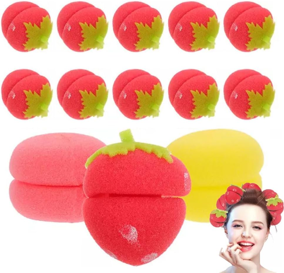 Strawberry Heatless Hair Curlers, Strawberry Heatless Curls Overnight, Strawberry Breathable Sponge Simple Curlers for Women Long Hair & Short Hair (24 Pcs,Mix)
