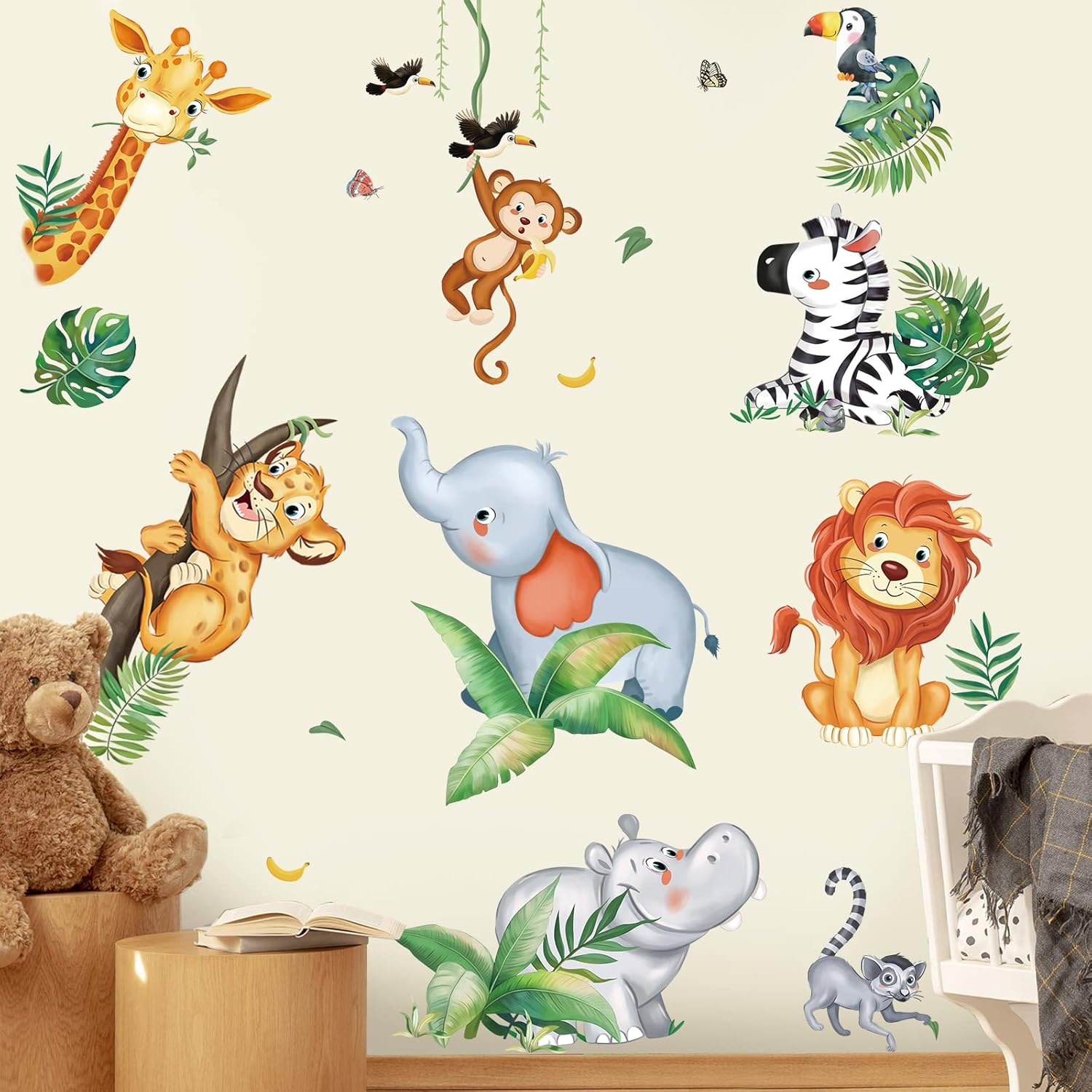Wondever Jungle Animals Wall Stickers Safari Animal Elephant Giraffe Lion Monkey Peel and Stick Wall Art Decals for Kids Bedroom Baby Nursery Door Decor image number 1