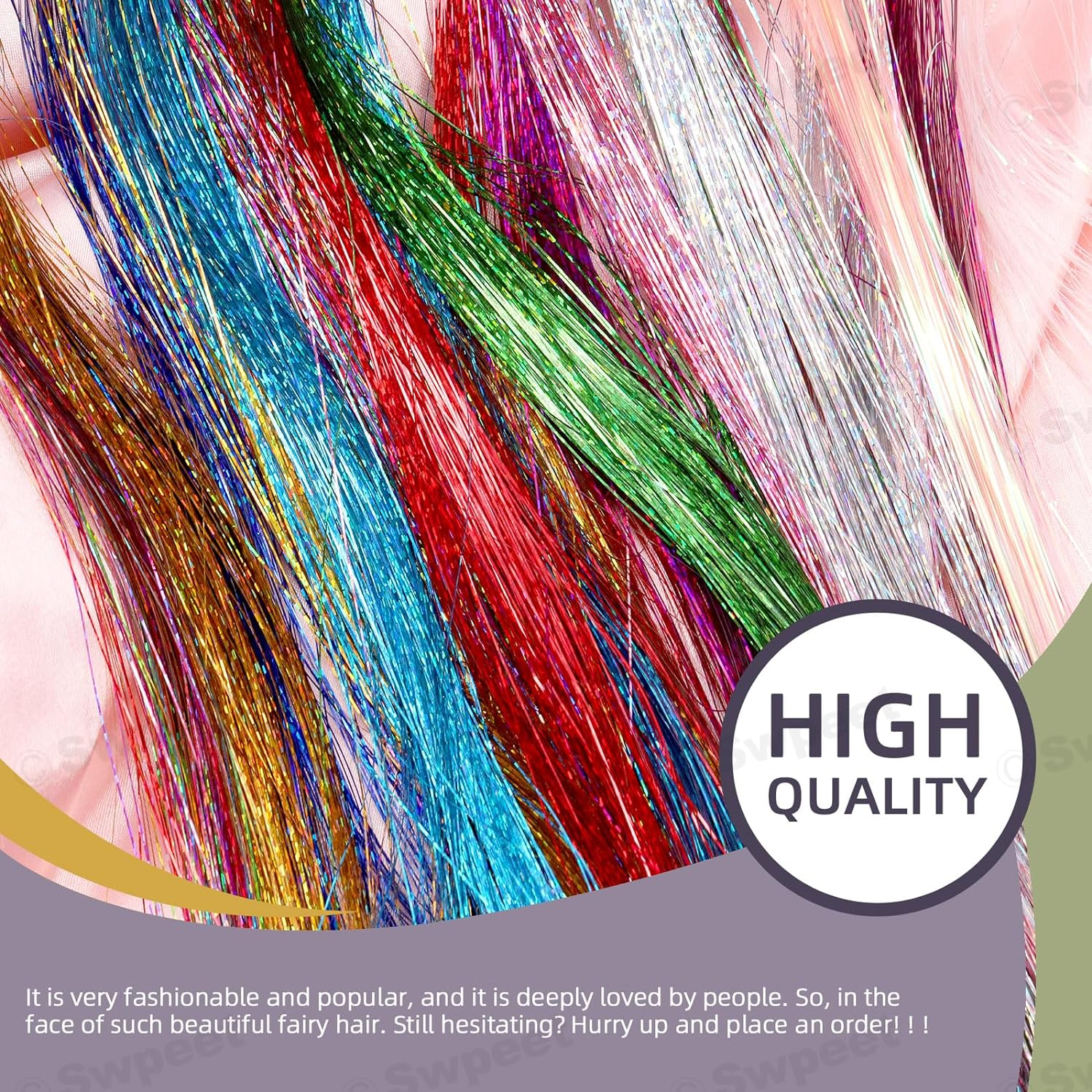 Swpeet 214Pcs 47" Hair Tinsel Kit Including 12 Mixed Colors 2400 Strands Hair Tinsel 200Pcs Silicone Lined Micro Ring Crochet Hook 5" Tweezer for Girl Kids Christmas New Year Halloween Cosplay Party