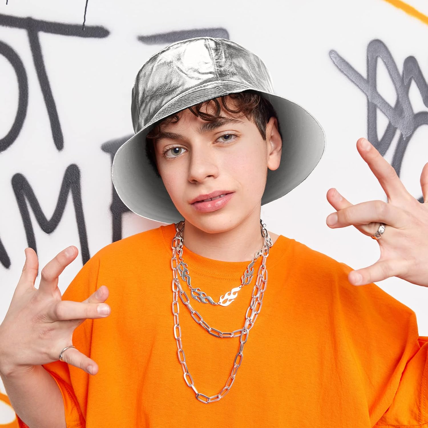 SATINIOR 2 Pcs Metallic Bucket Hat Unisex Trendy Fisherman Hat Reversible Foldable Packable Cap Double Side Hat Hip Hop image number 1