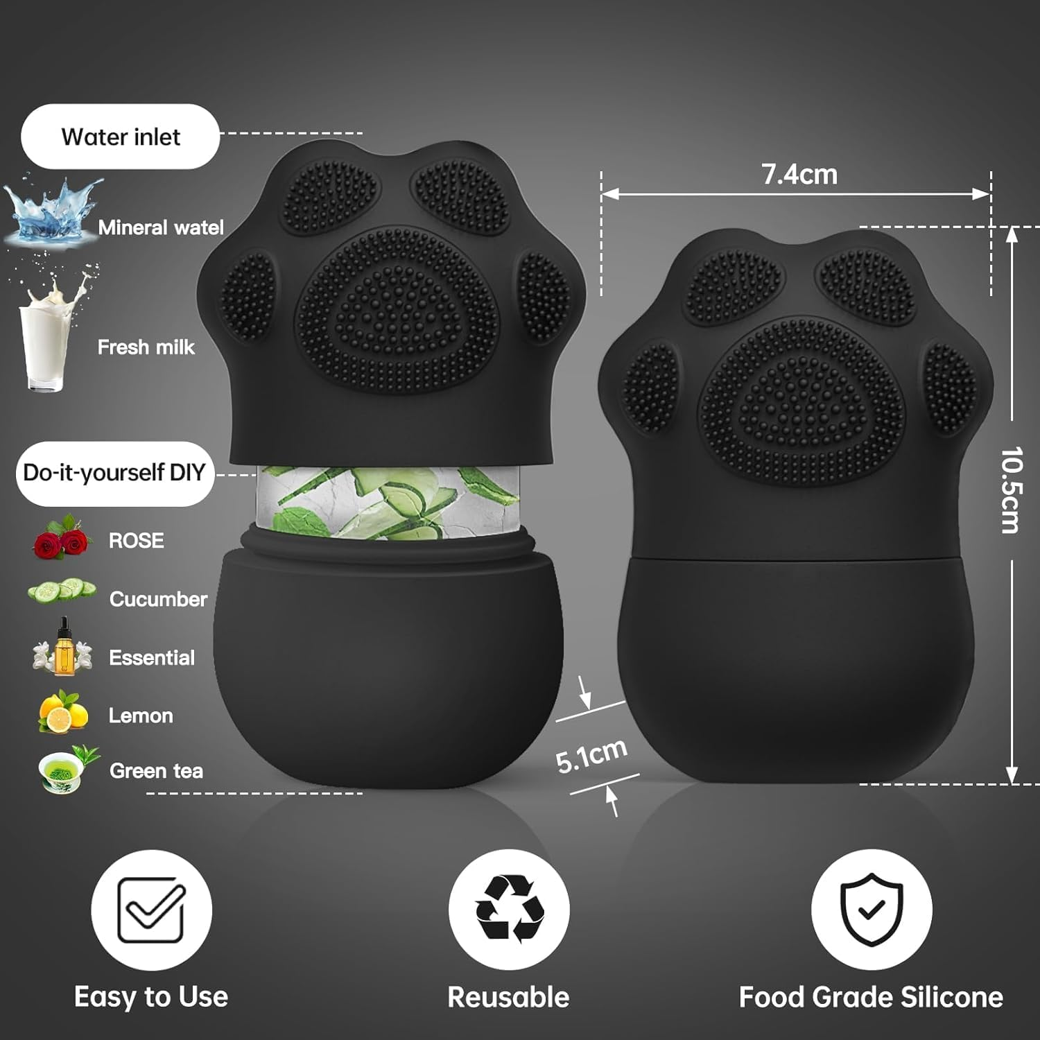 Facial Ice Roller Set with Silicone Paw Massager, Purple, Reusable Ice Mould for Face and Eyes (Black) - Black image number 2