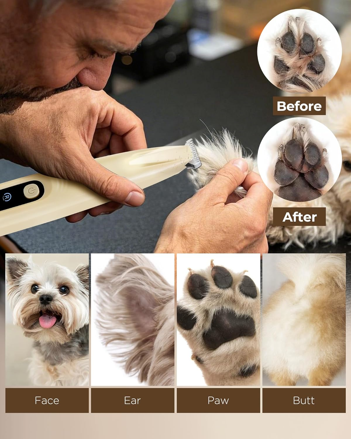 FURBONA [Pro Version] Dog Paw Trimmer, 18Mm Wide Blade Clippers with LED Display, 35Db Low Noise, Fully Waterproof, Upgraded Type-C Rechargeable Cordless Trimmer for Paws, Ears, Face, and Rump image number 4