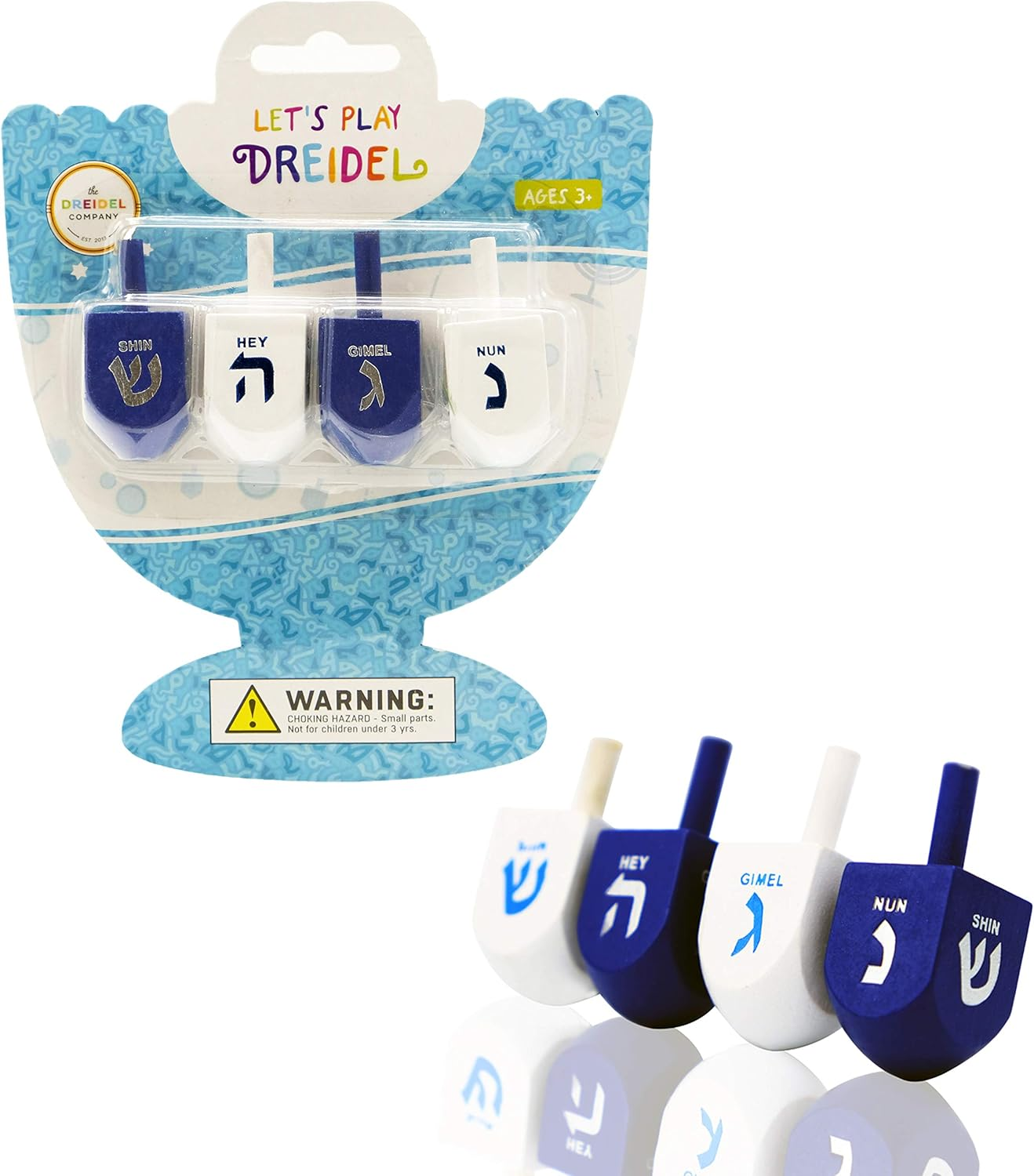 Hanukkah Dreidel Bulk Solid Blue & White Wooden Dreidels Hand Painted - Game Instructions Included! (4-Pack)