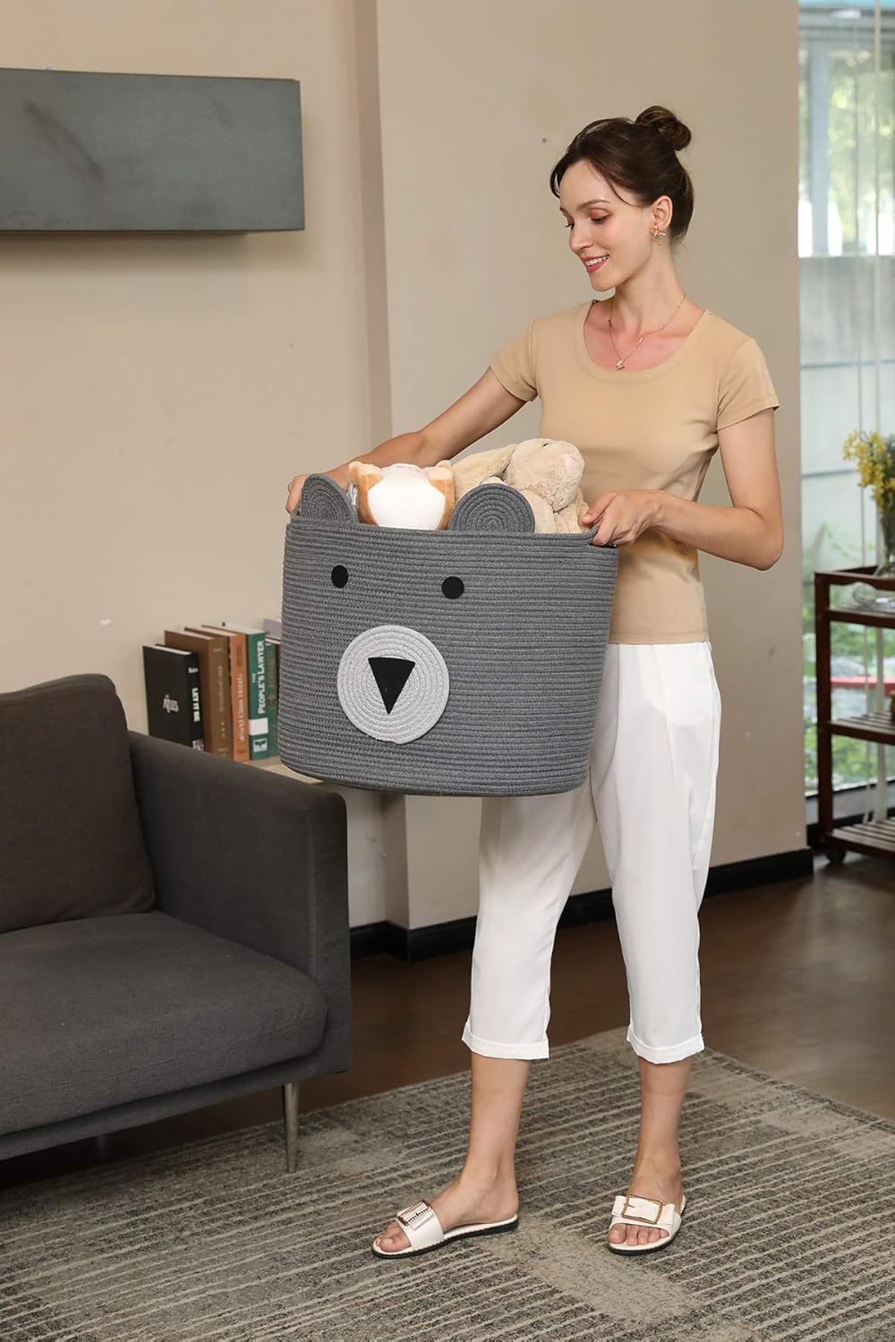 Cottonphant Large Cotton Rope Basket, Animal Basket, 18"X15", Grey, Foldable Laundry Hamper, Toy Storage Bin, for Kids Toys Clothes in Bedroom, Baby Nursery image number 4