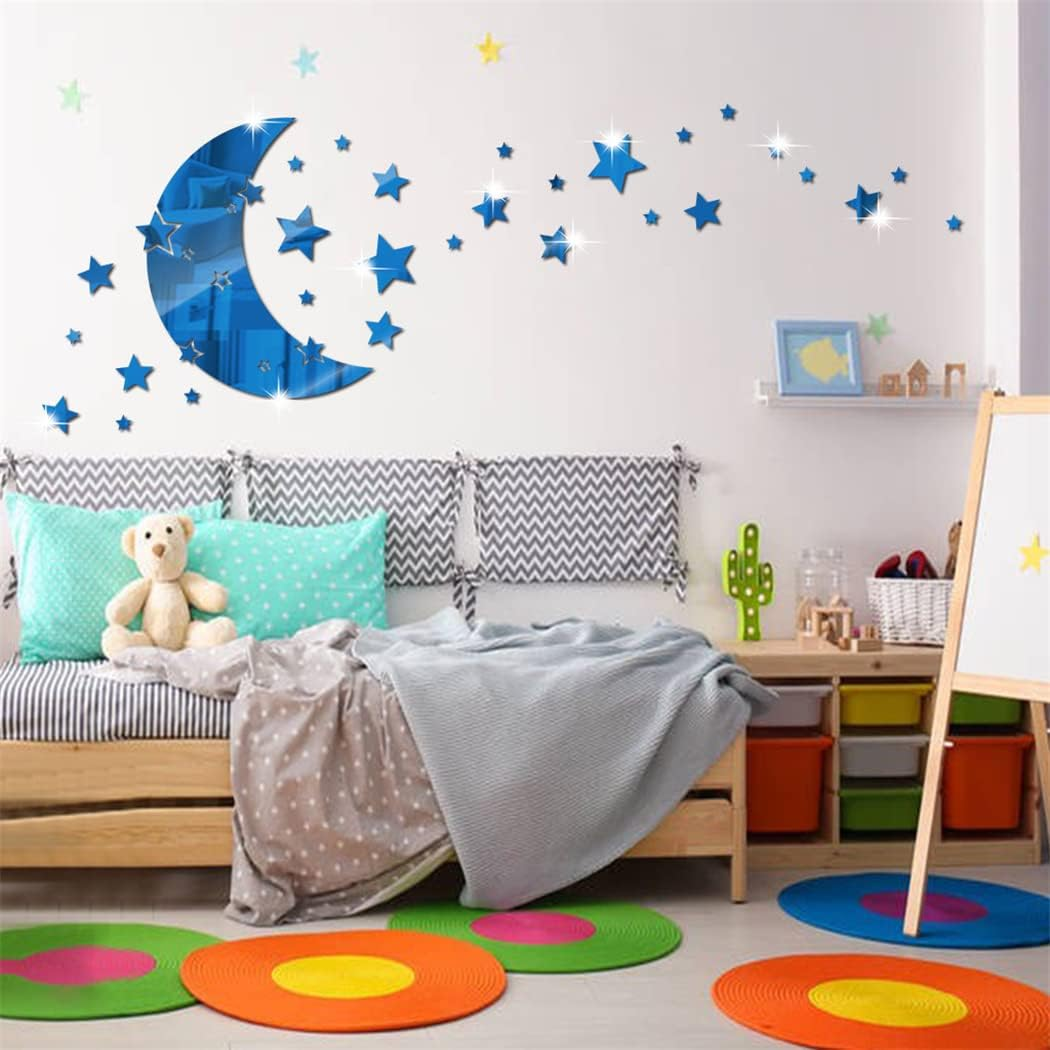 Moon and Stars Mirror Wall Stickers, Removable Acrylic Crescent and 146 PCS Stars Decals, 3D Art Wall Decoration for Baby Kid Bedroom Living Room Ceiling (Blue)