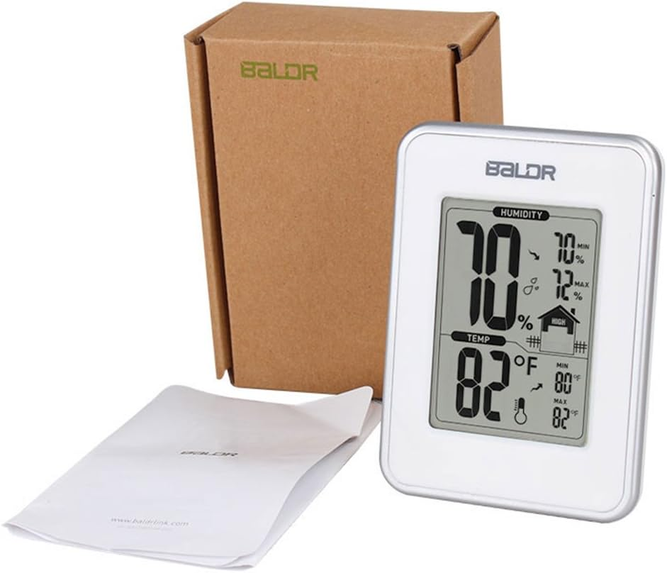 BALDR Digital Thermometer Hygrometer Monitor Indoor Temperature & Humidity Gauge, Min, Max, and Trend Indicator, White