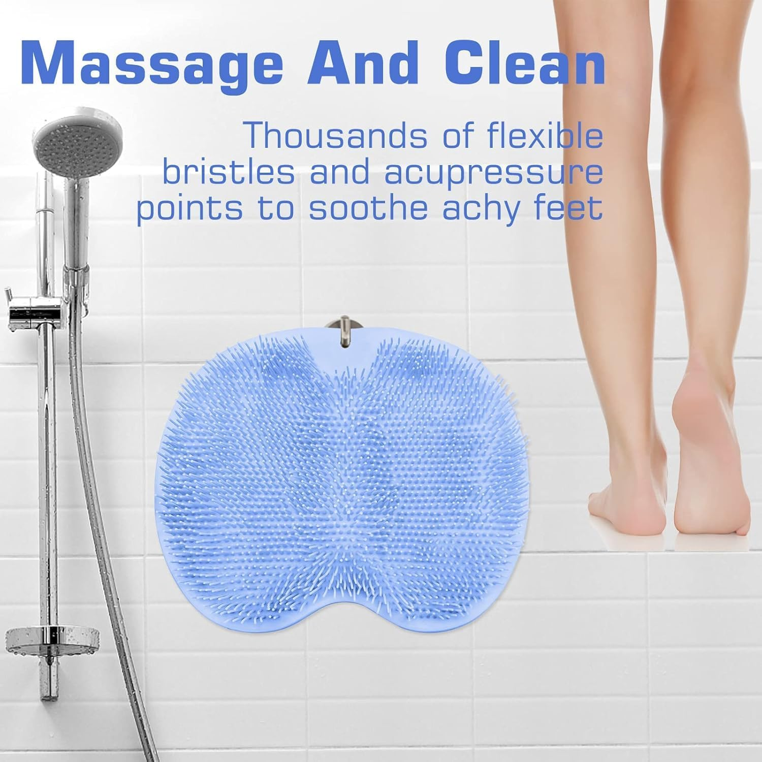 Shower Foot Scrubber Mat Back Washer Back Exfoliating Bath Wash Pad Wall Mounted Slip Suction Cups Foot Scrubber for Use in Shower Cups Foot Cleaner for Men and Women(Blue)