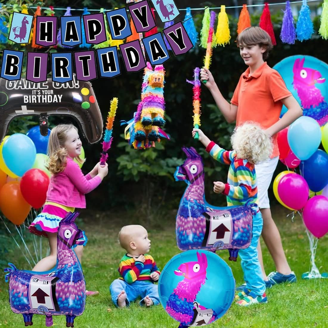 Video Game Party Balloons and Banner Set (Pack of 10) - Blue, Purple Star Foil & Paper Balloons - Gamepad, Alpaca & Star Shapes - Reusable - Perfect for Kids' Birthday Parties image number 2