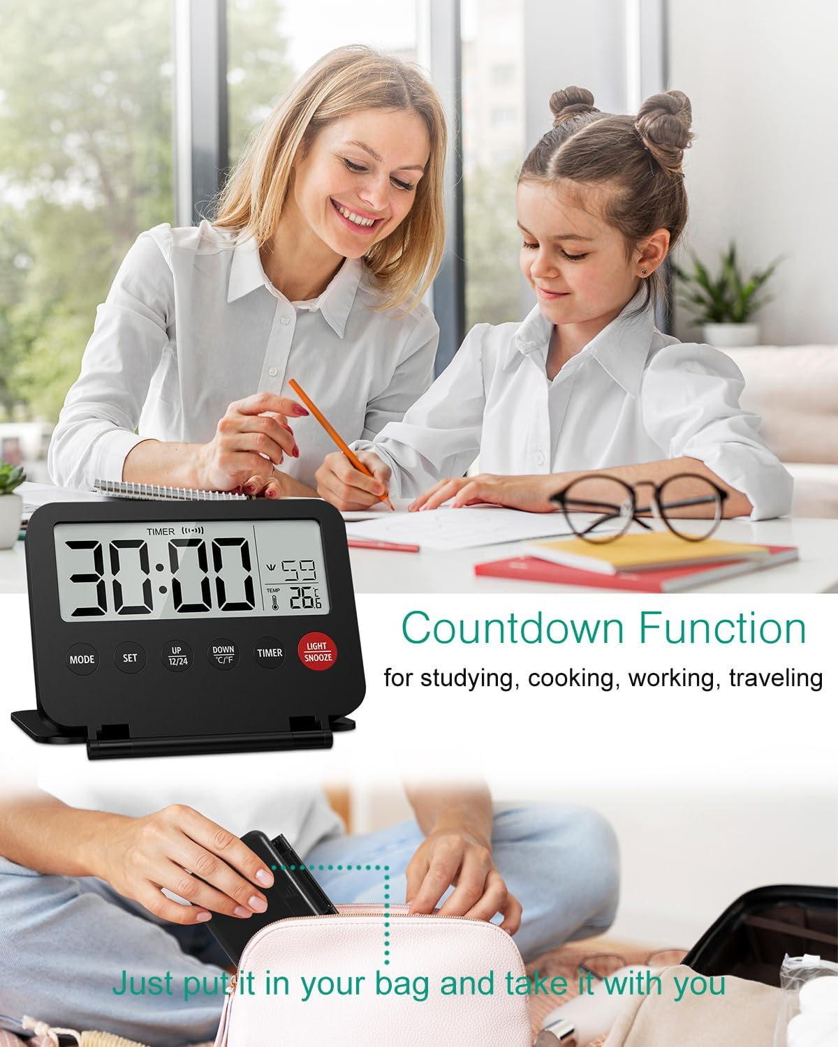 ORIA Digital Travel Alarm Clock, Small Foldable Alarm Clock, Battery Operated LCD Desk Clock, Simple Operation Calendar Clock with Backlight, Date, Temp, Snooze, for Home, Office,Travel image number 4