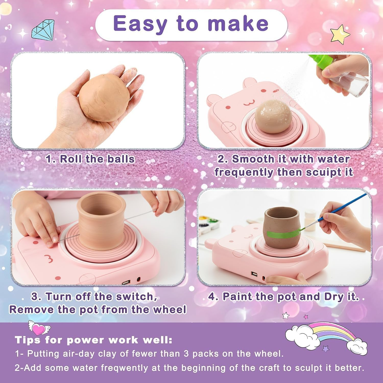 Pottery Wheel for Kids, Girls Arts and Crafts Toys for Kids Ages 8-12, Pottery Studio Craft Kit with 2 Pack Air-Dry Clay, Art Supplies for Kids Toys Girls Birthday, Age 6 7 8 9 10 11 12+ (Pink) - Pink image number 4