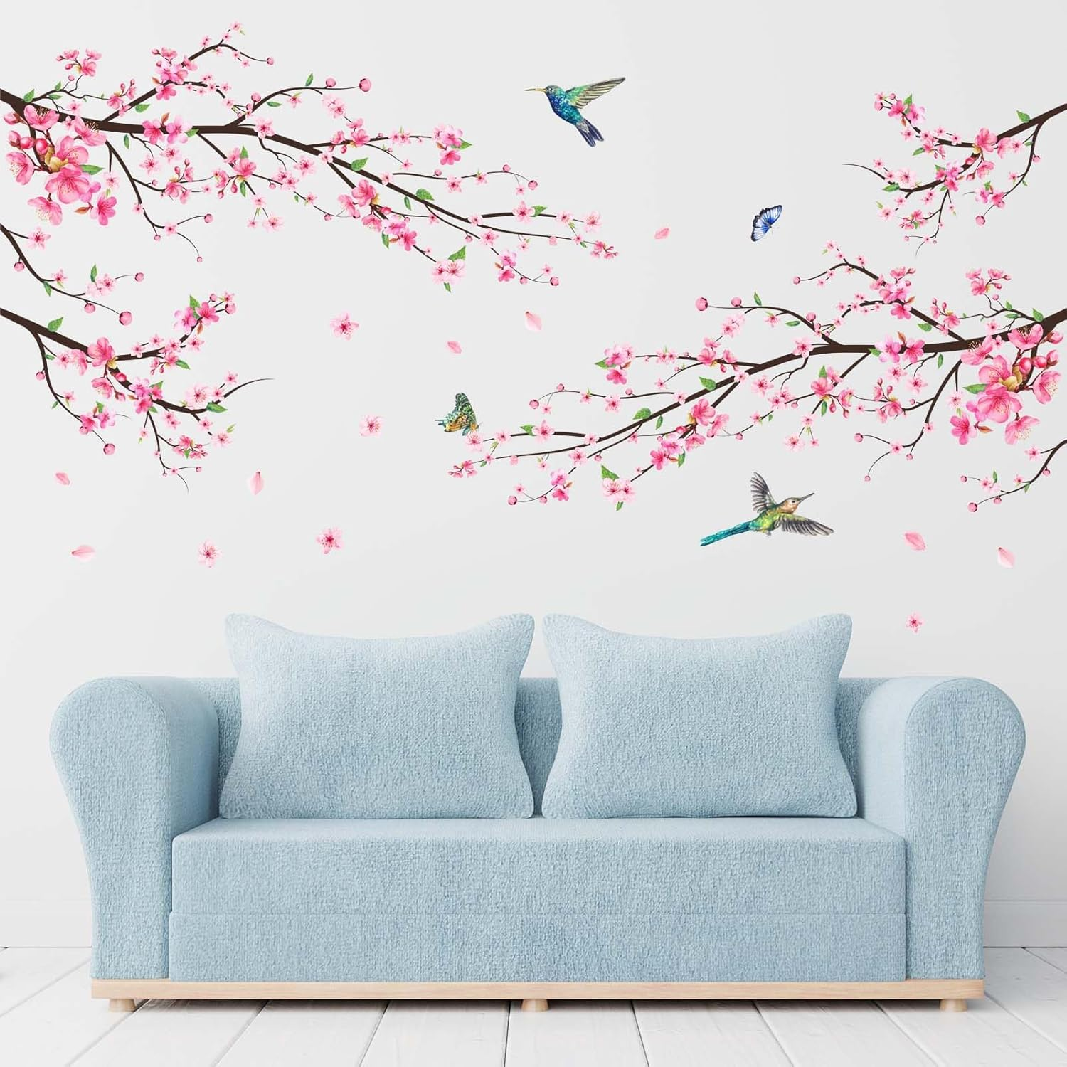 Amimagen Pink Watercolor Cherry Blossom Wall Stickers - Tree Branch Flower Birds Wall Decals - Bedroom Living Room Sofa TV Background Home Wall Decor image number 1
