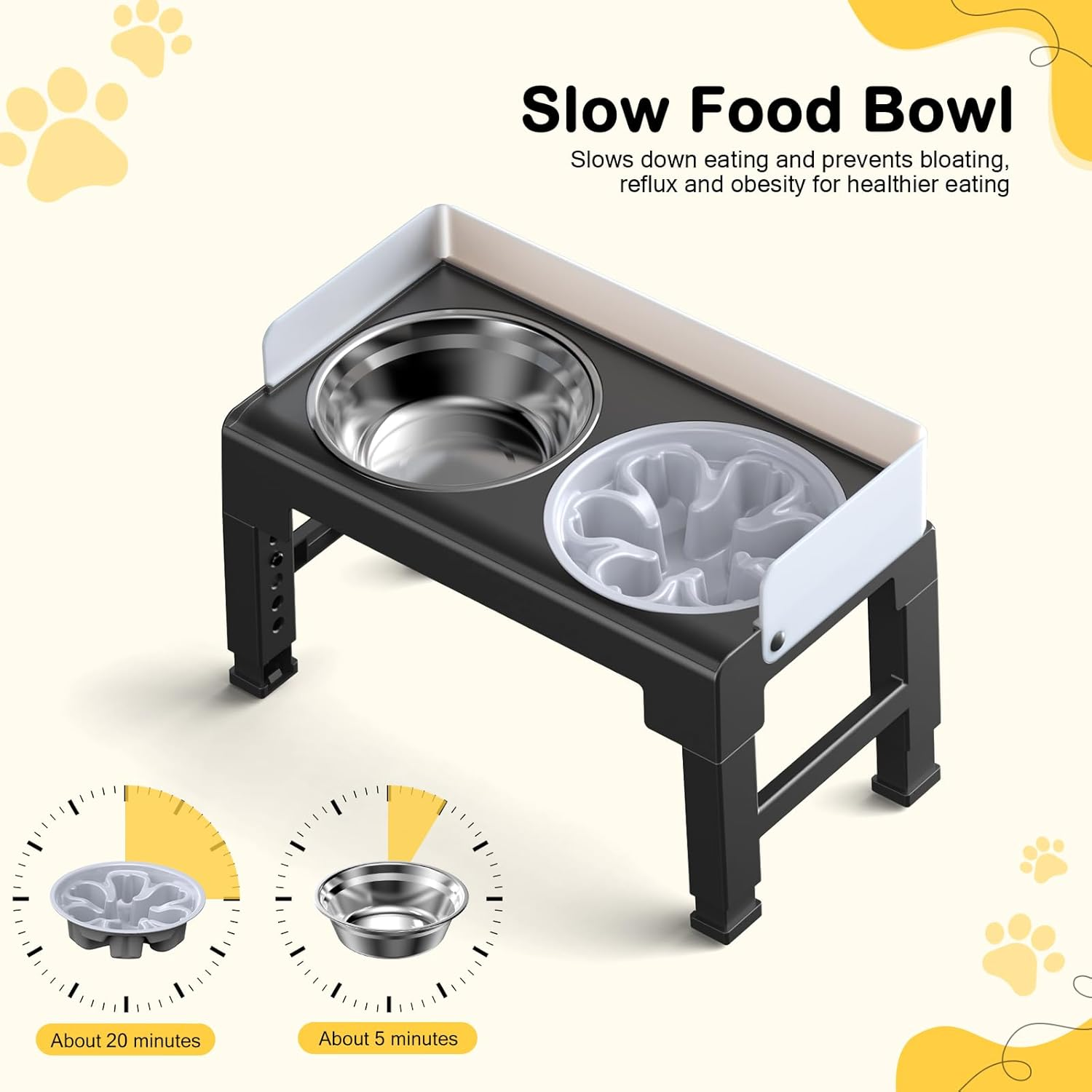 Euqvunn Elevated Dog Bowls with Stand, 6-Level Height Adjustable, 5&deg; Tilt, Splash Guard Design, Raised Dog Bowl with Two 1000Ml Stainless Steel & Slow Feeder Dog Bowl,For Small,Medium & Large Pets